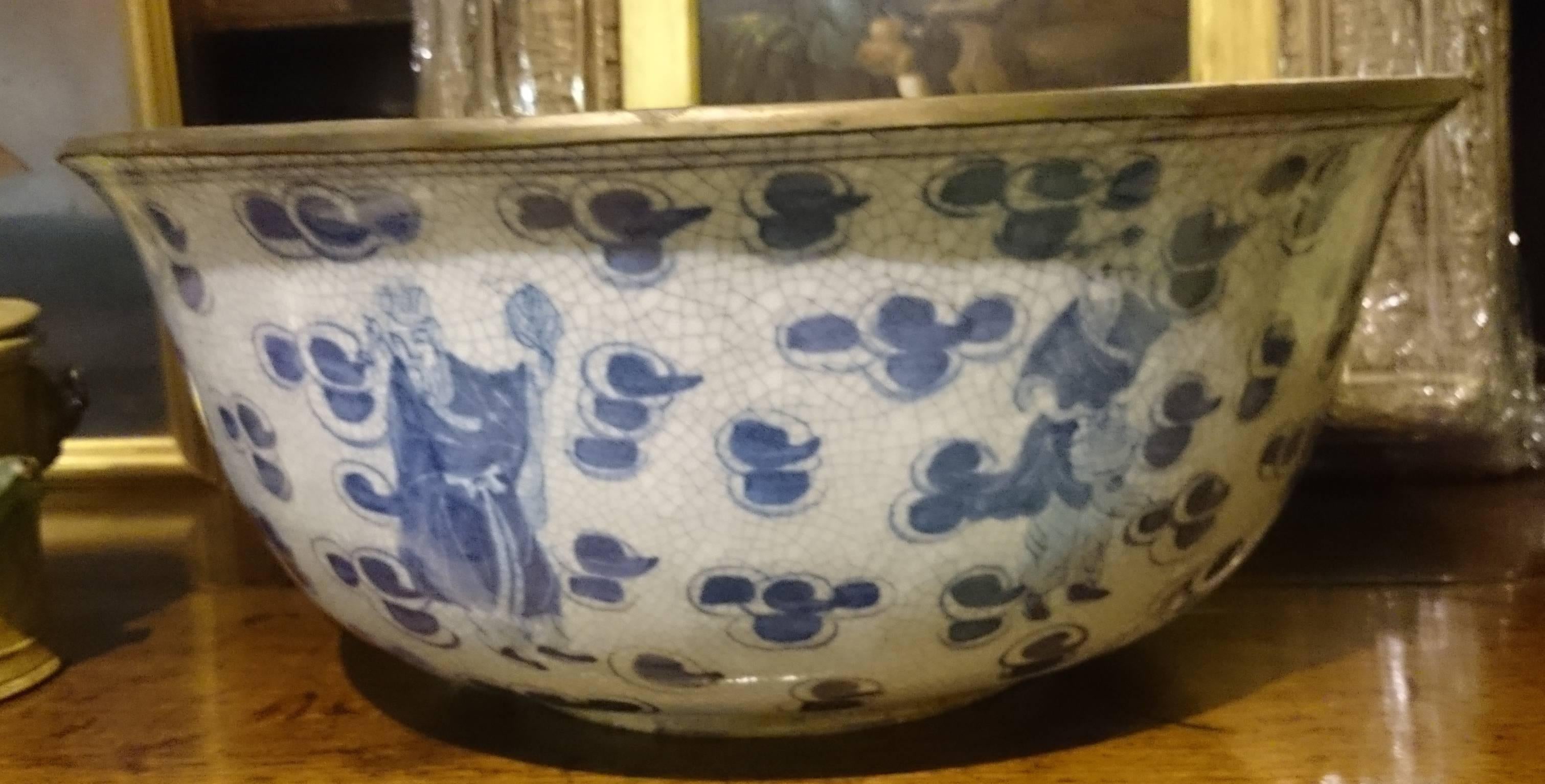 Large antique Chinese bowl with blue figures and other decoration. This is a good size, well decorated, probably by hand and good porcelain.

Chinese 19th century 
Measures:
14