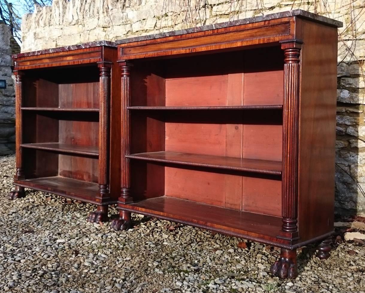 Very Fine and Rare Pair of 19th Century Regency Mahogany Marble Top Bookcases In Excellent Condition For Sale In Gloucestershire, GB