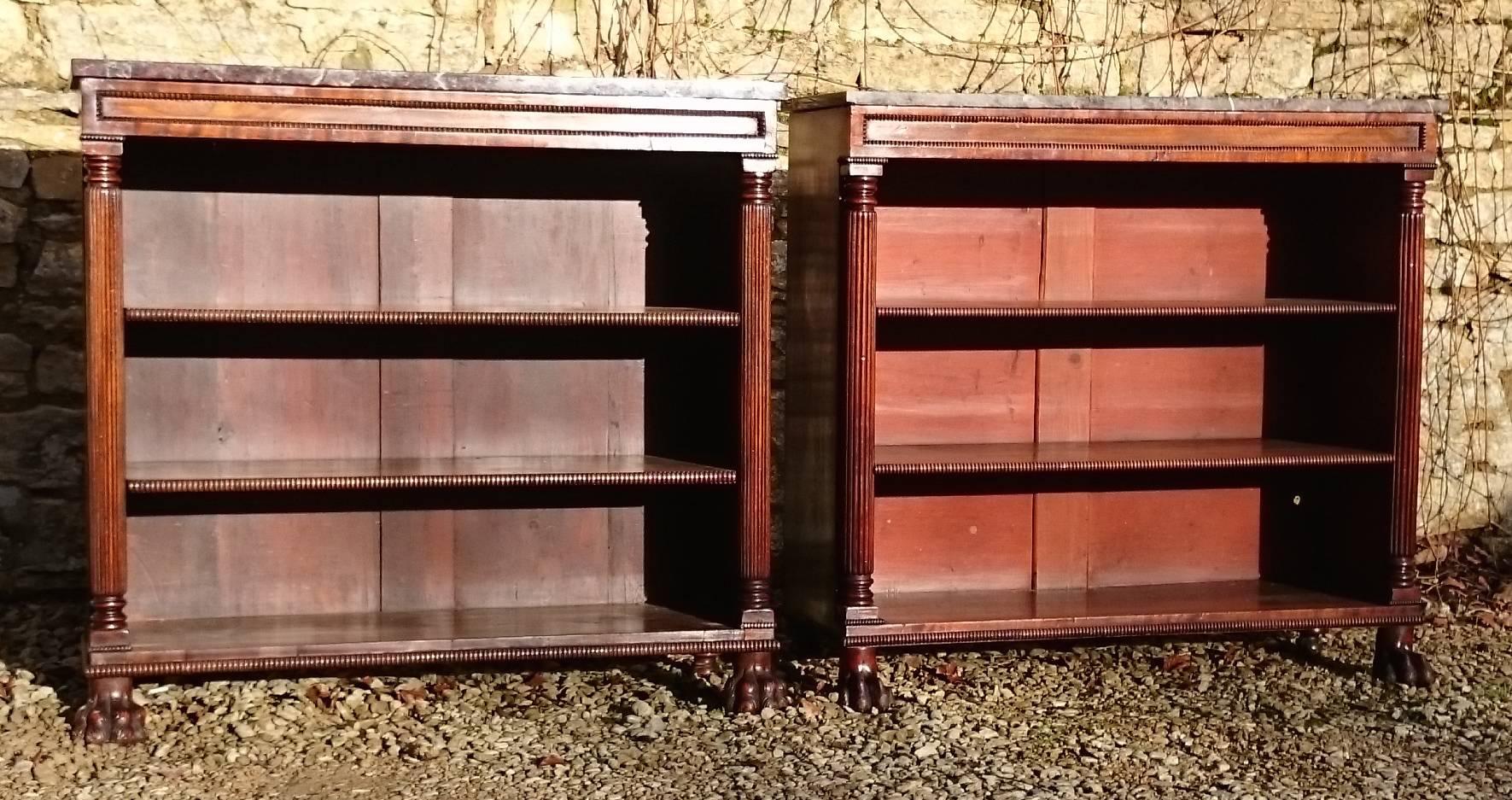 British Very Fine and Rare Pair of 19th Century Regency Mahogany Marble Top Bookcases For Sale