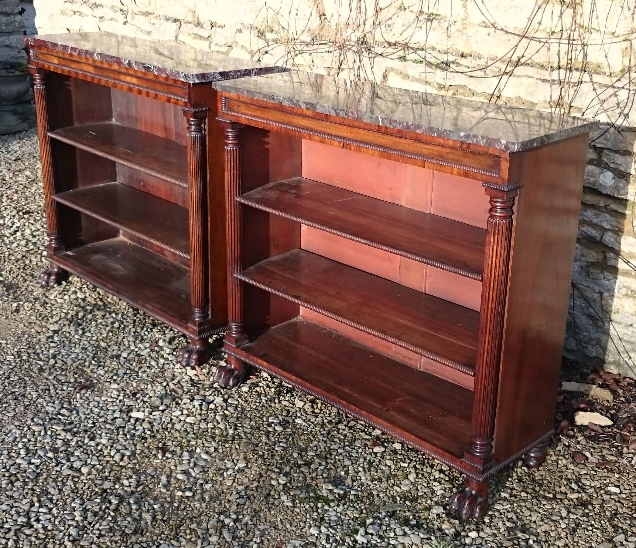 Very Fine and Rare Pair of 19th Century Regency Mahogany Marble Top Bookcases For Sale 2