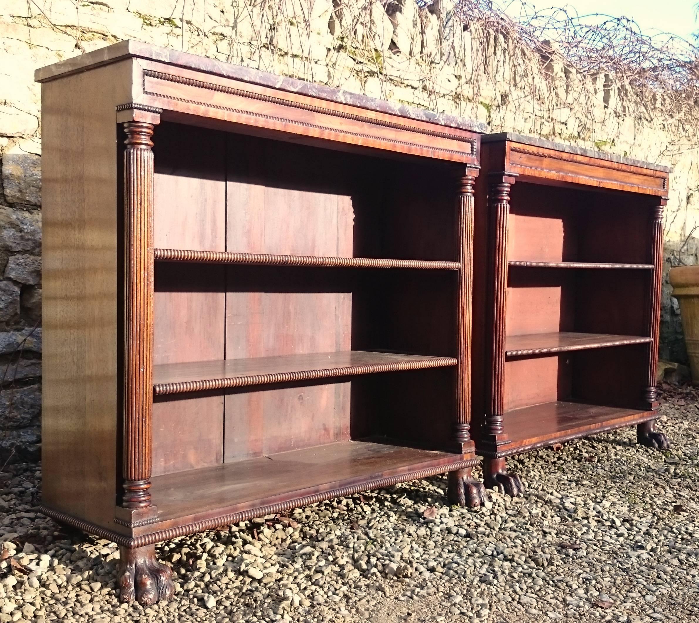 Very Fine and Rare Pair of 19th Century Regency Mahogany Marble Top Bookcases For Sale 1