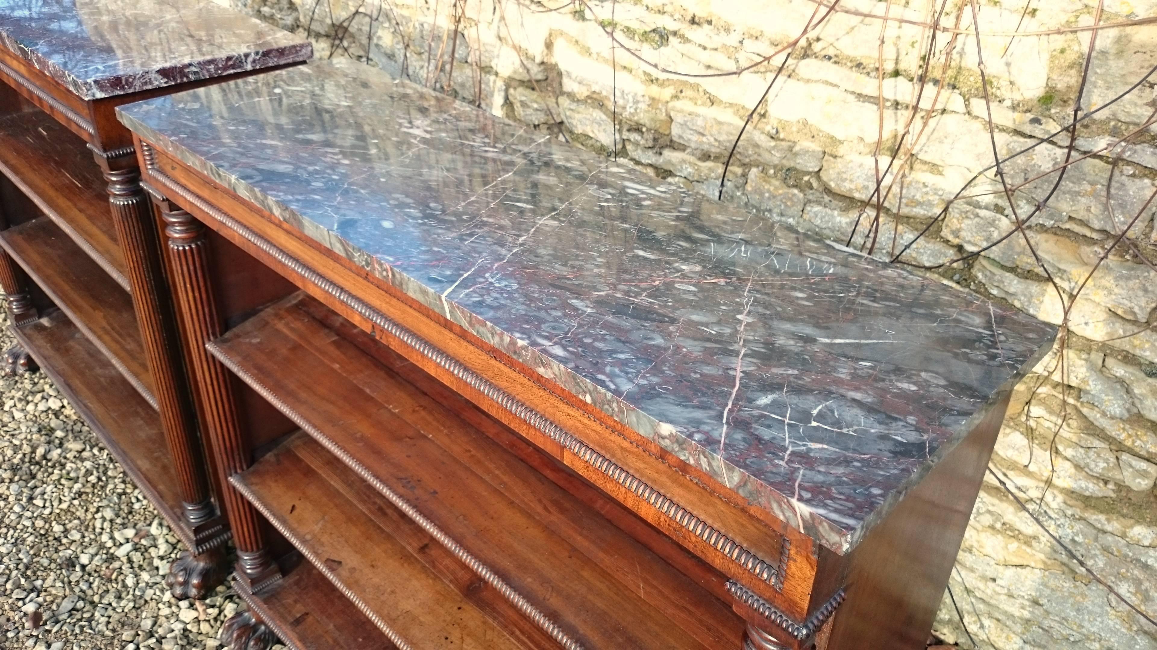 Very Fine and Rare Pair of 19th Century Regency Mahogany Marble Top Bookcases For Sale 3