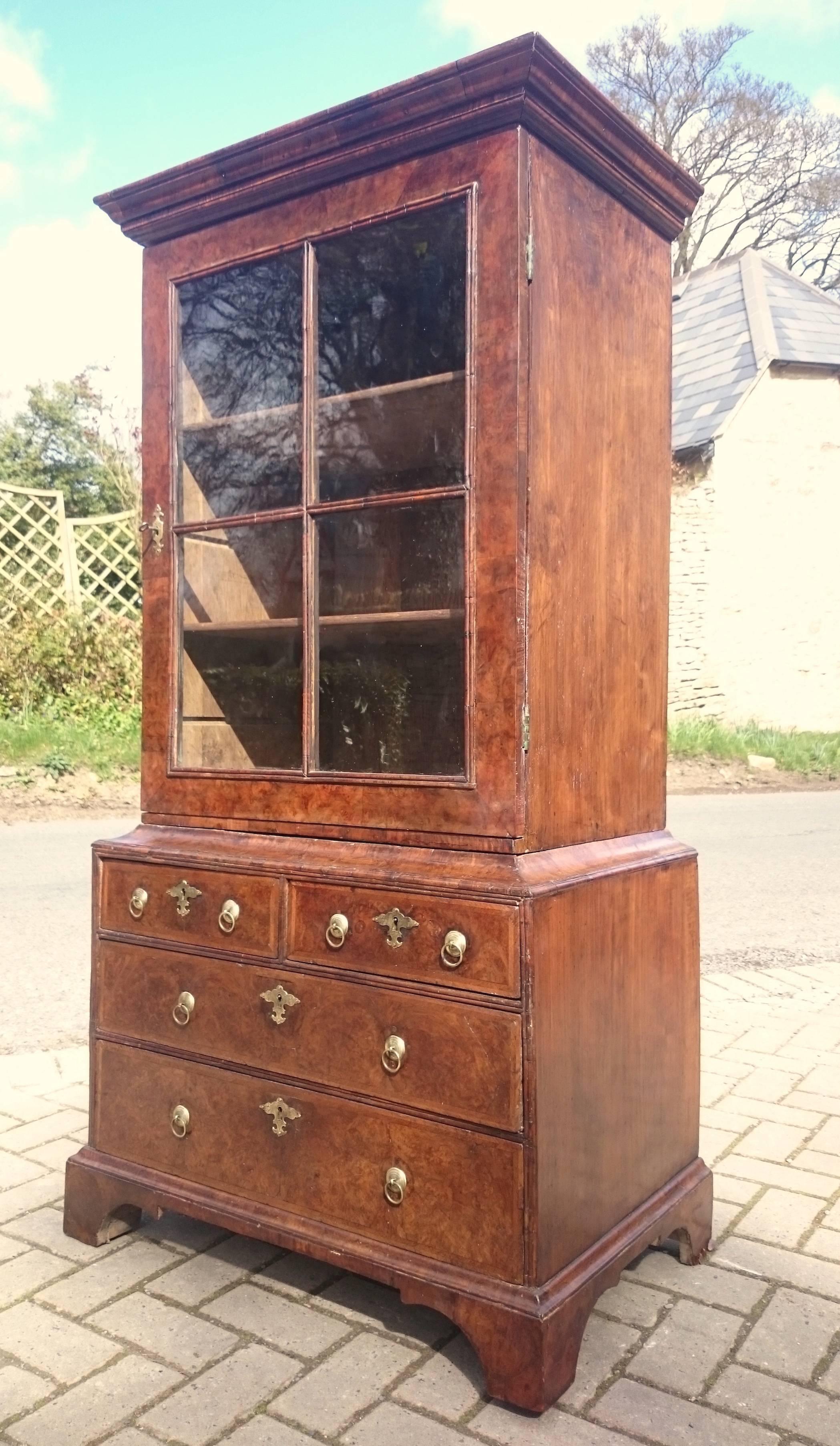 British Early 18th Century Queen Anne Burl Walnut Antique Bookcase Cabinet For Sale