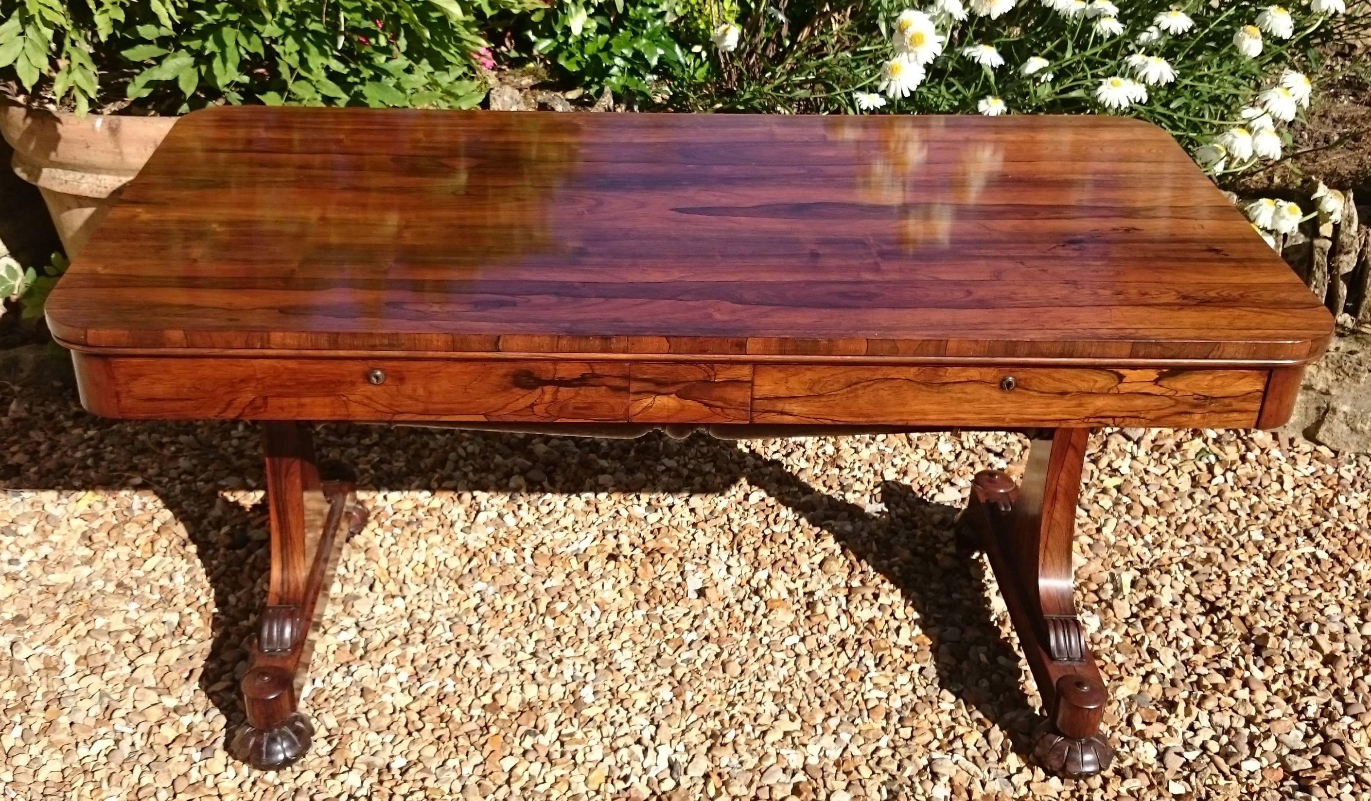 Veneer Important 19th Century Rosewood Antique Library Table or Sofa Table
