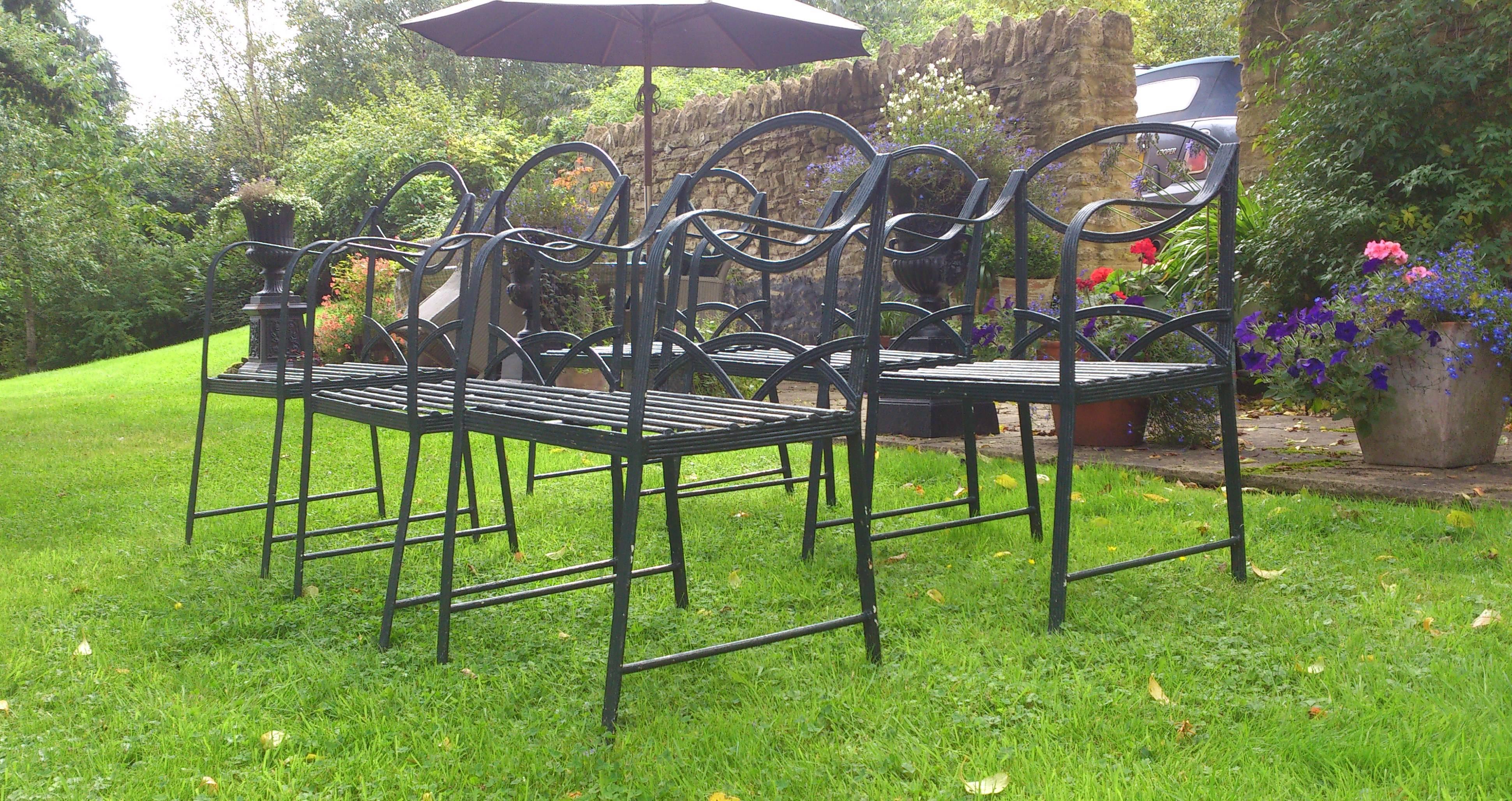 British Set Of Six Hand Made Wrought Iron Garden Chairs in the Regency Style