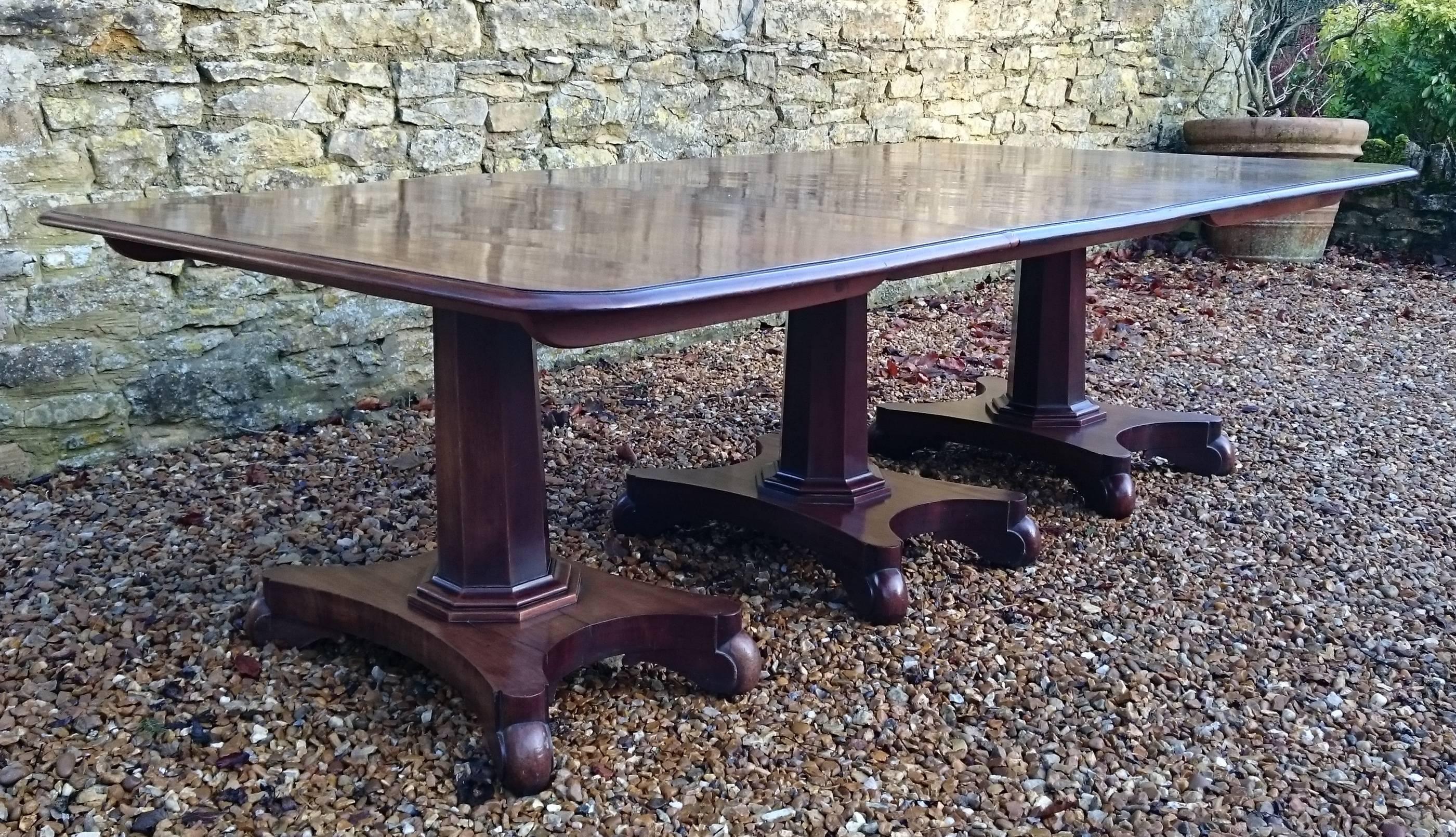 19th century William IV period mahogany antique three pedestal dining table. This dining table is made of large sheets of a very fine cut of dense grained mahogany. The grain pattern is very interesting and the whole table has attained a lovely