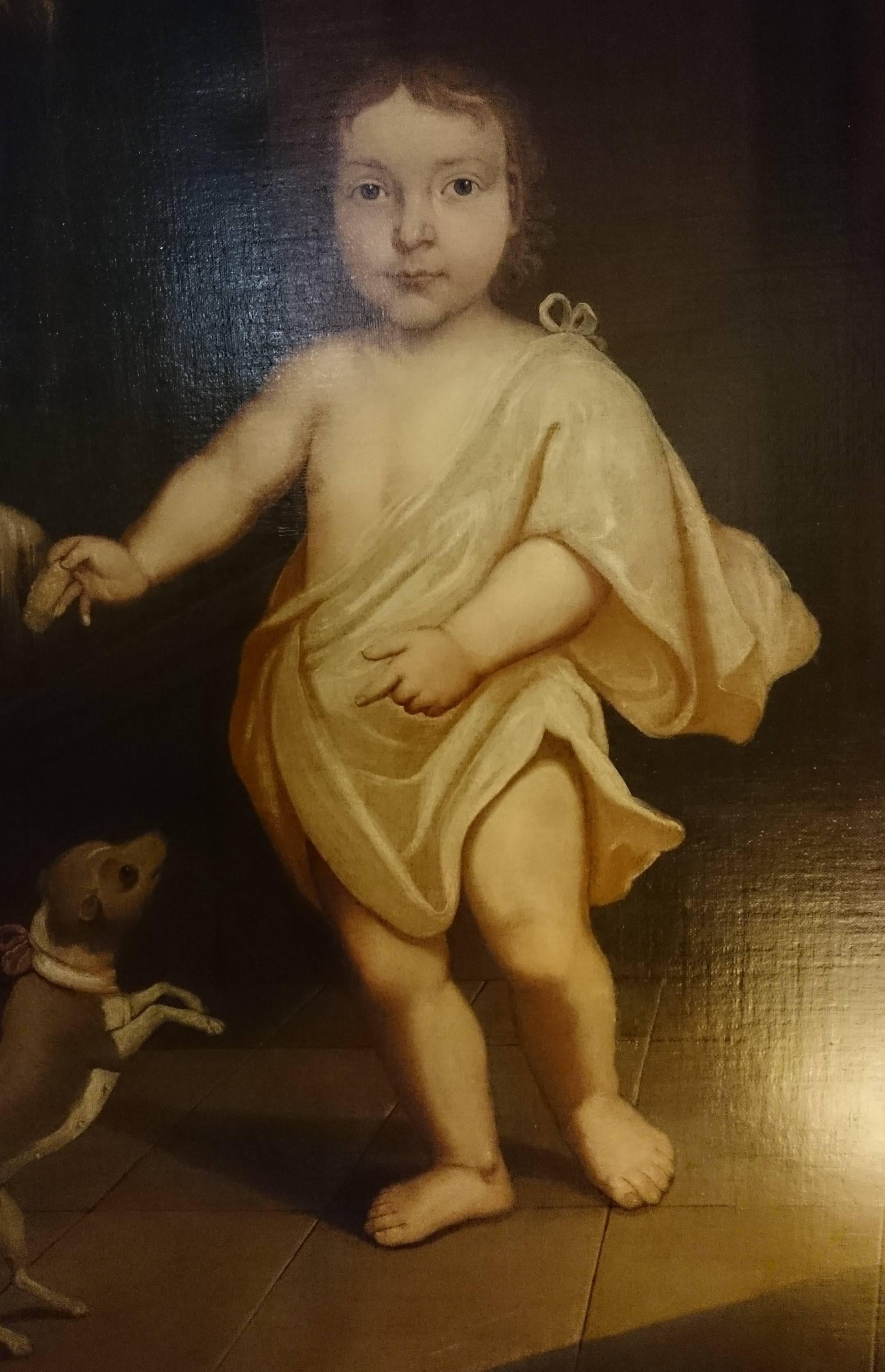 18th century primitive antique oil painting of aristocratic child with dog. This sort of painting is said to have been painted retrospectively to show a wealthy individual as a child, presumably in a situation more grand than the one in which they