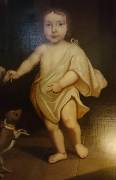 18th Century Antique Oil Painting Primitive Aristctratic Child with Dog