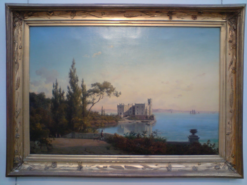 1875 oil painting of the castle at Trieste painted when the building was only 10 years old by Danish artist Axel Schovelin, 1827-1893. This painting is absolutely exquisite in its detail. The artist has captured the colours and evening light
