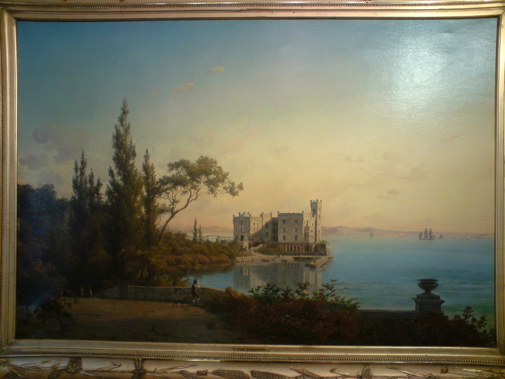 Italian 19th Century Oil Painting of Castello di Miramare, Italy, 1875