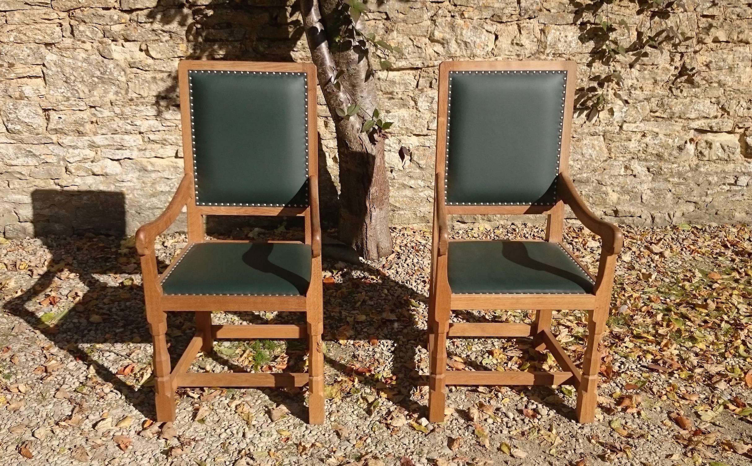 Very fine pair of large oak benches and pair of good scale carver armchairs made by Robert 