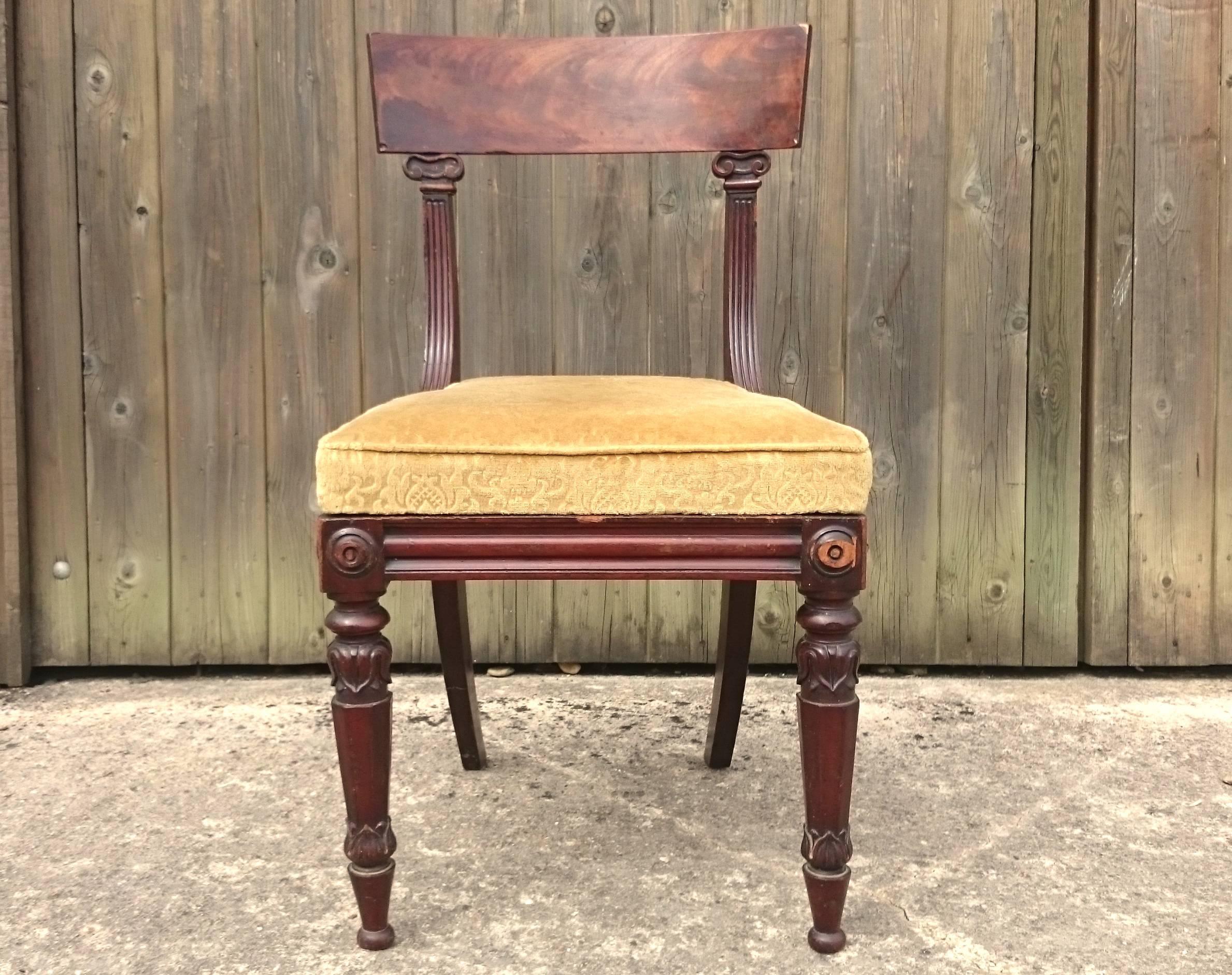 Set of six late Regency mahogany antique dining chairs. These are a very interesting design as they are a particularly generous shape with the very pronounced sweep to the back leg and uprights. The design if these chairs follow the classical