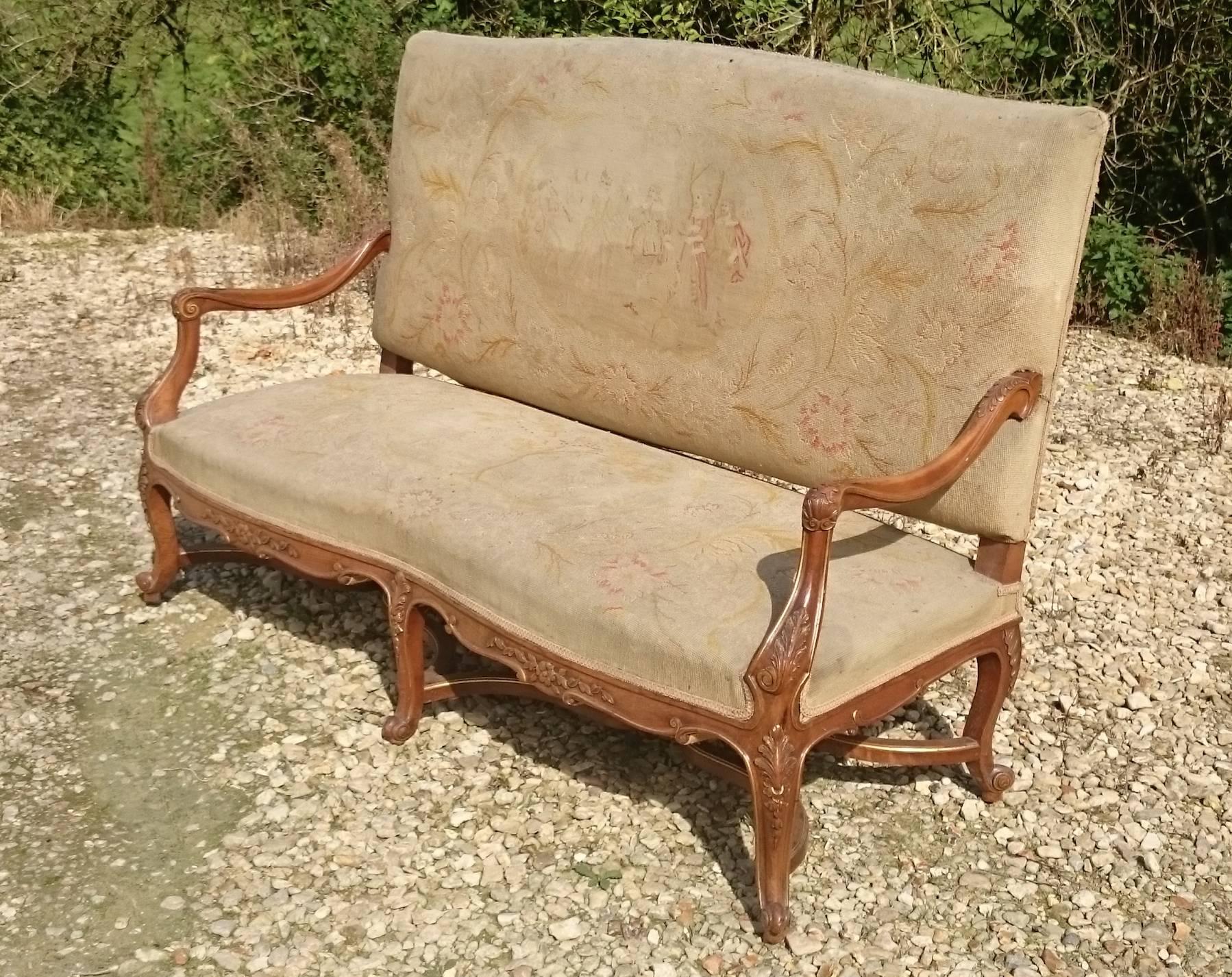 19th Century Beautiful Walnut and Gilt French Sofa with Antique Fabric