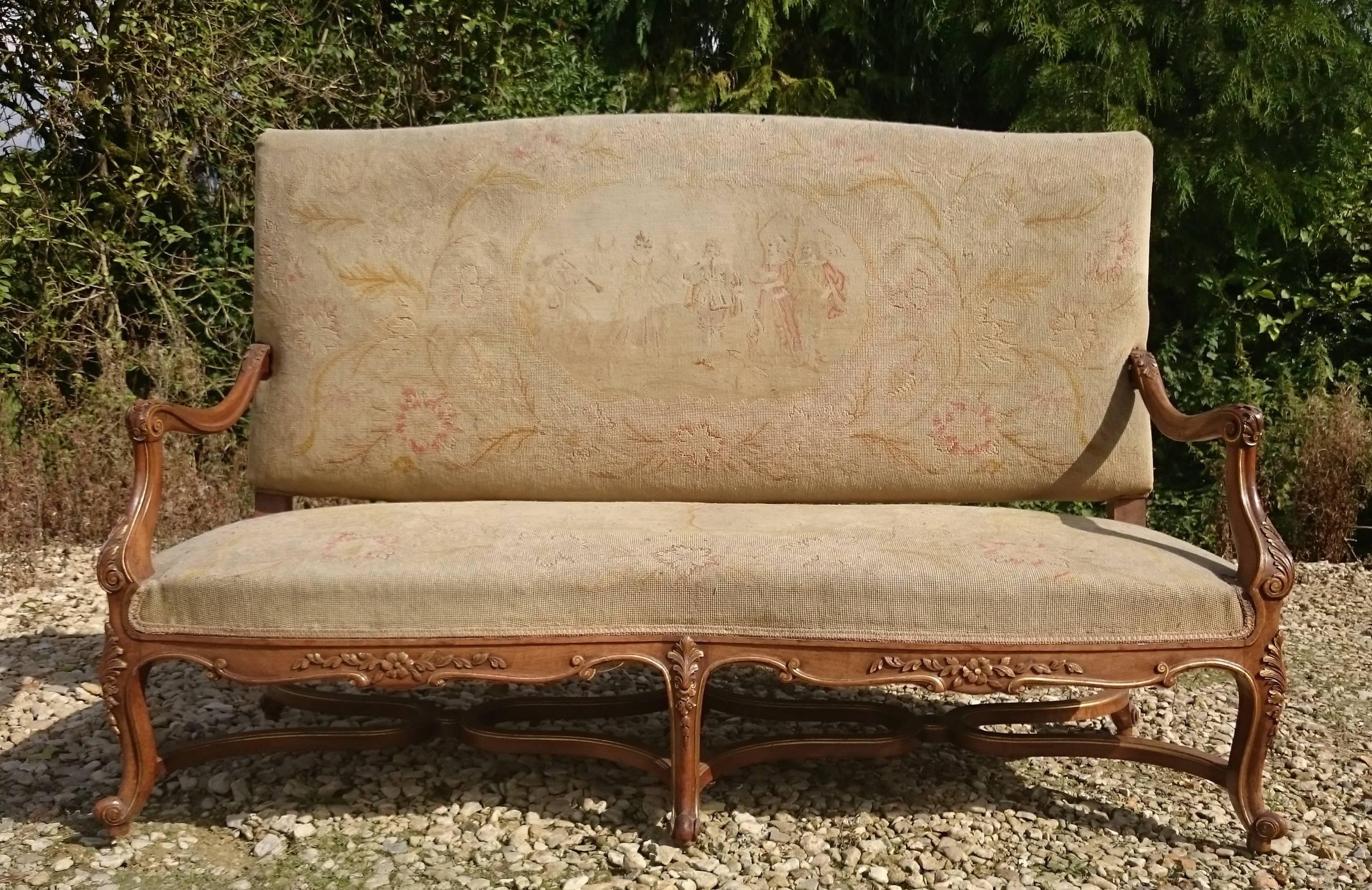 Beautiful Walnut and Gilt French Sofa with Antique Fabric 1