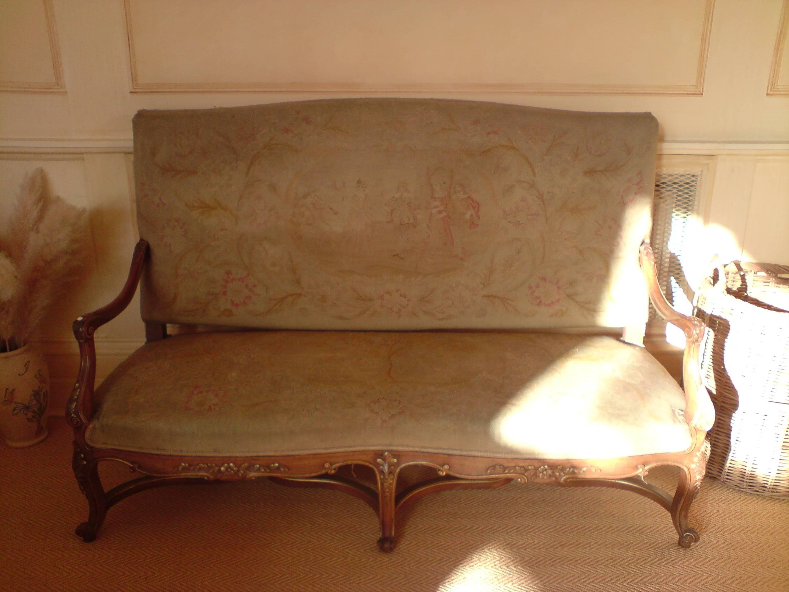 Giltwood Beautiful Walnut and Gilt French Sofa with Antique Fabric