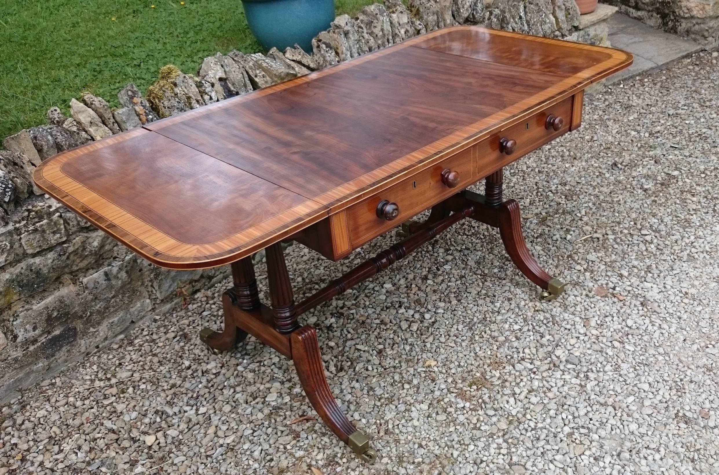 Boxwood Exeptional Quality Fiddleback Mahogany Regency Sofa Table with Satinwood Banding