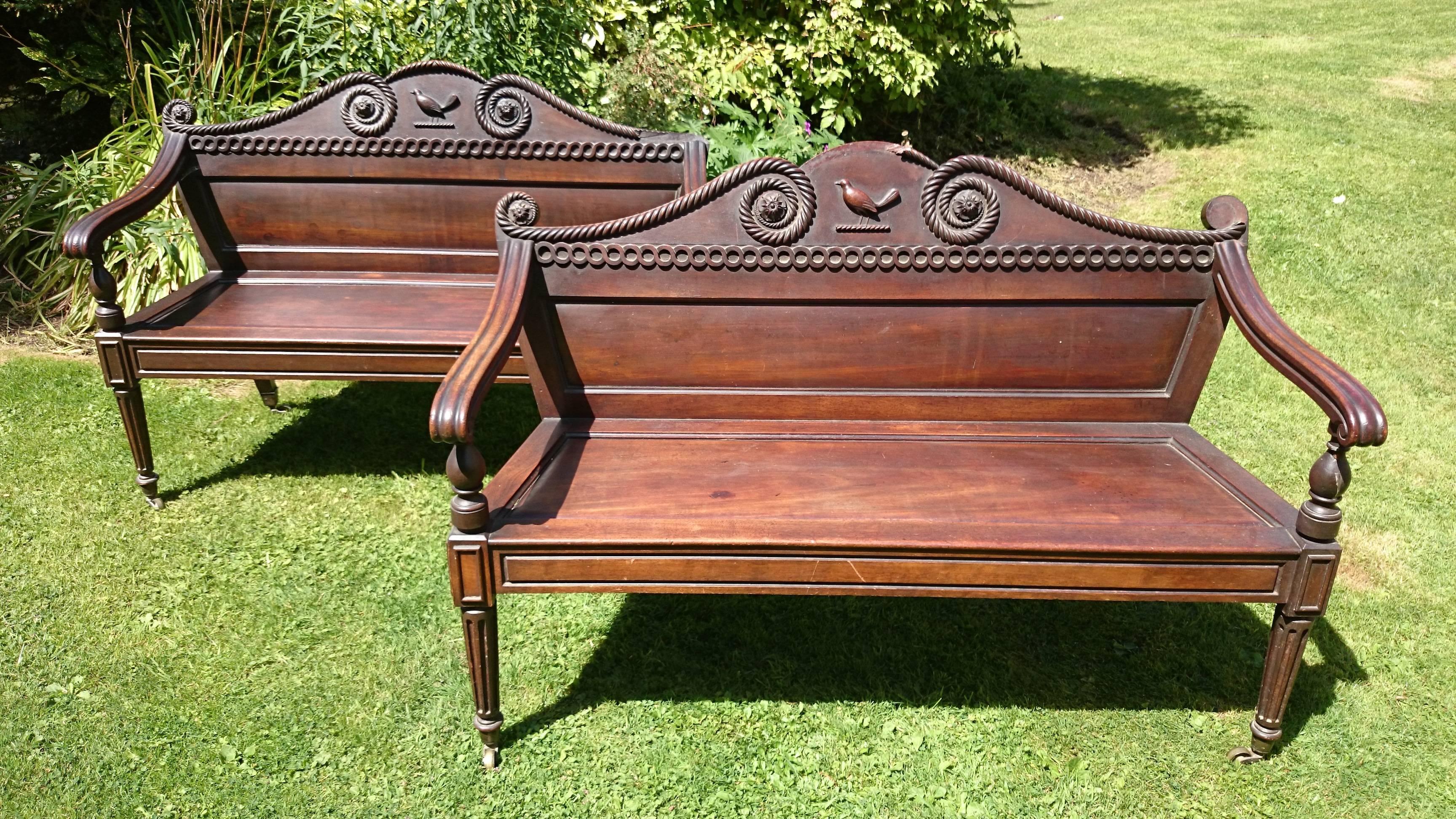Very rare pair of antique Irish benches made of dense grained Cuban mahogany. They are very well drawn with waisted back and curved and tapering backs and back legs. The legs are turned and fluted and there are square panels above the leg and to the