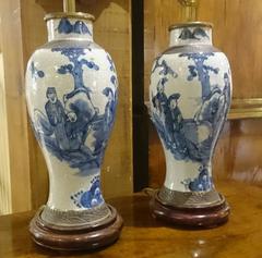 Pair of 19th Century Blue and White China Lamps