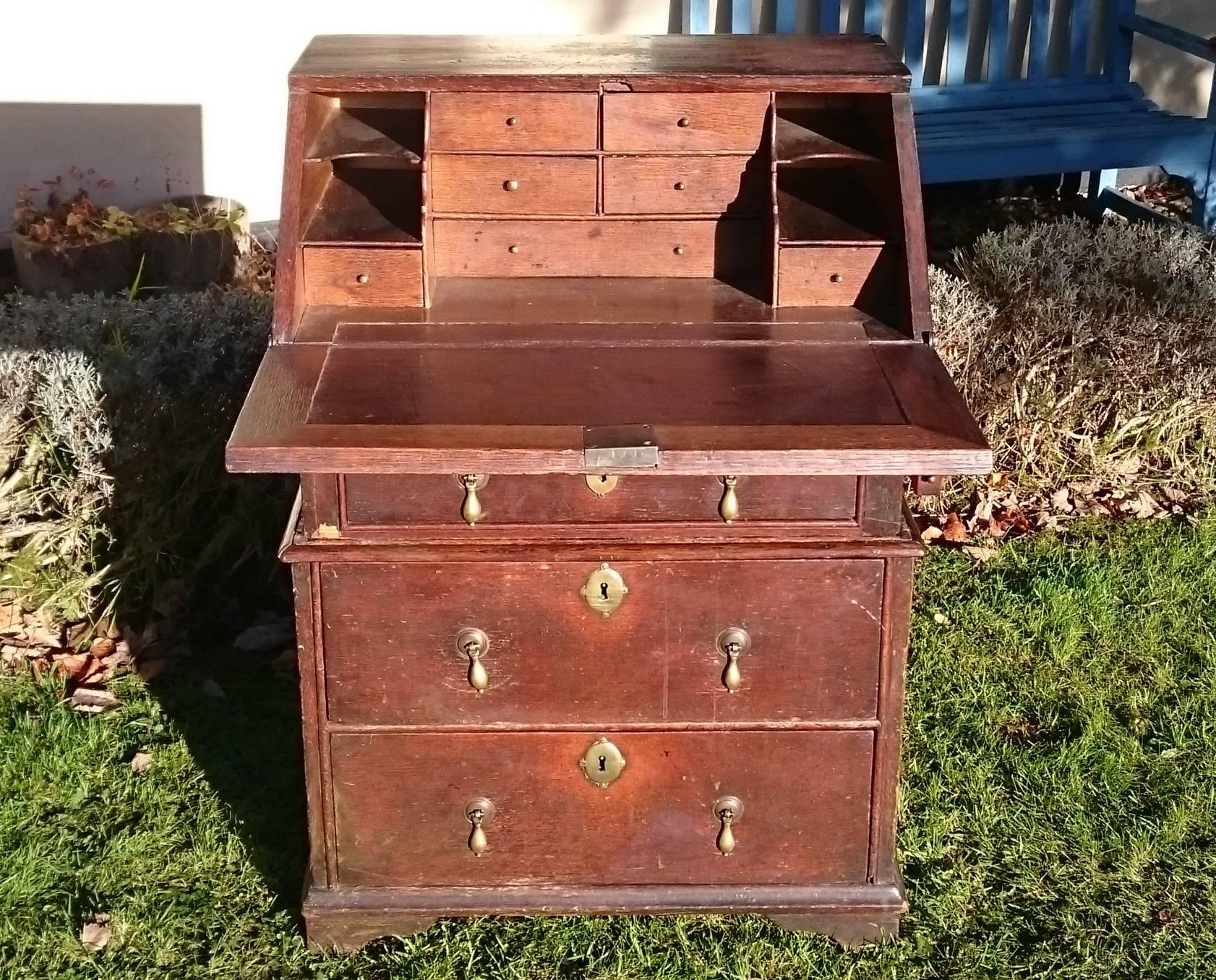 Unusually small early 18th century William and Mary period oak bureau. This bureau has moulding on the aperture around the drawers, rather than cock beading on drawers themselves as found on later pieces. The drop handles are nice and restrained and