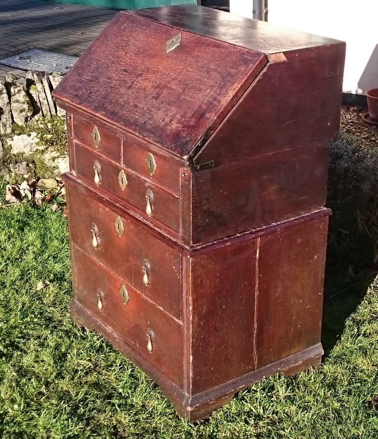 Unusually Small Early 18th Century William and Mary Period Oak Bureau For Sale 2