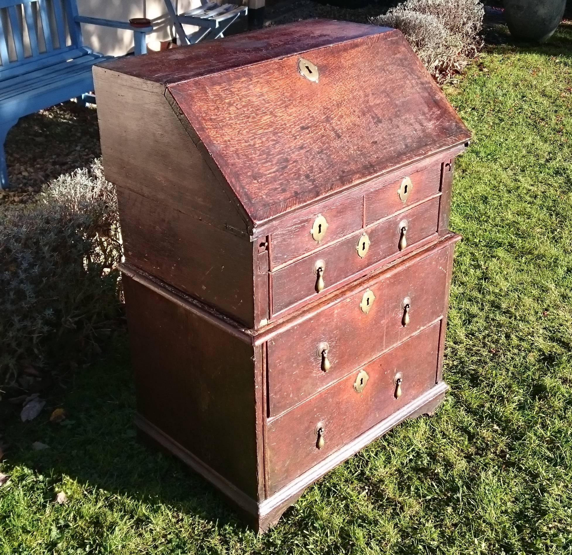 Unusually Small Early 18th Century William and Mary Period Oak Bureau For Sale 1