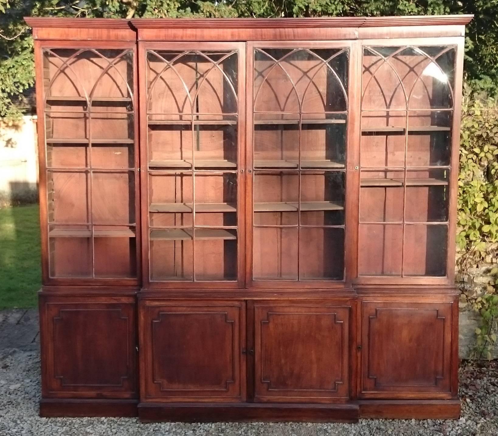 Large antique bookcase made of good South American mahogany. It has eight doors, four glass for display and four blind to hide things, behind which are adjustable shelves. The doors and astral glazing bars are typical of this early period of cabinet