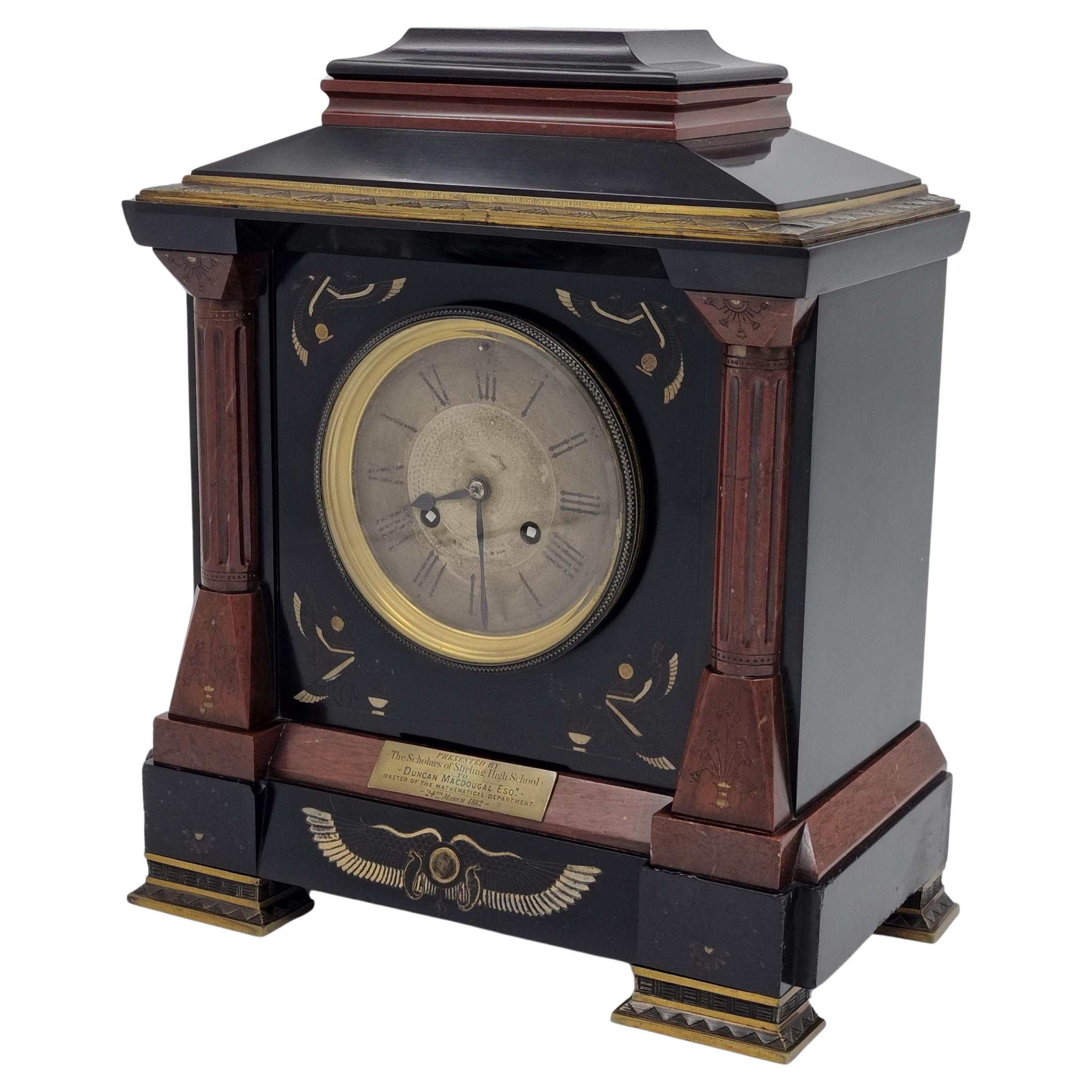 19th Century Egyptian Revival Mantel Clock from Stirling High School For Sale
