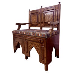 19th Century Moorish Hardwood Bench Inlaid and Upholstered