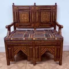 19th Century Moorish Hardwood Bench Inlaid and Upholstered