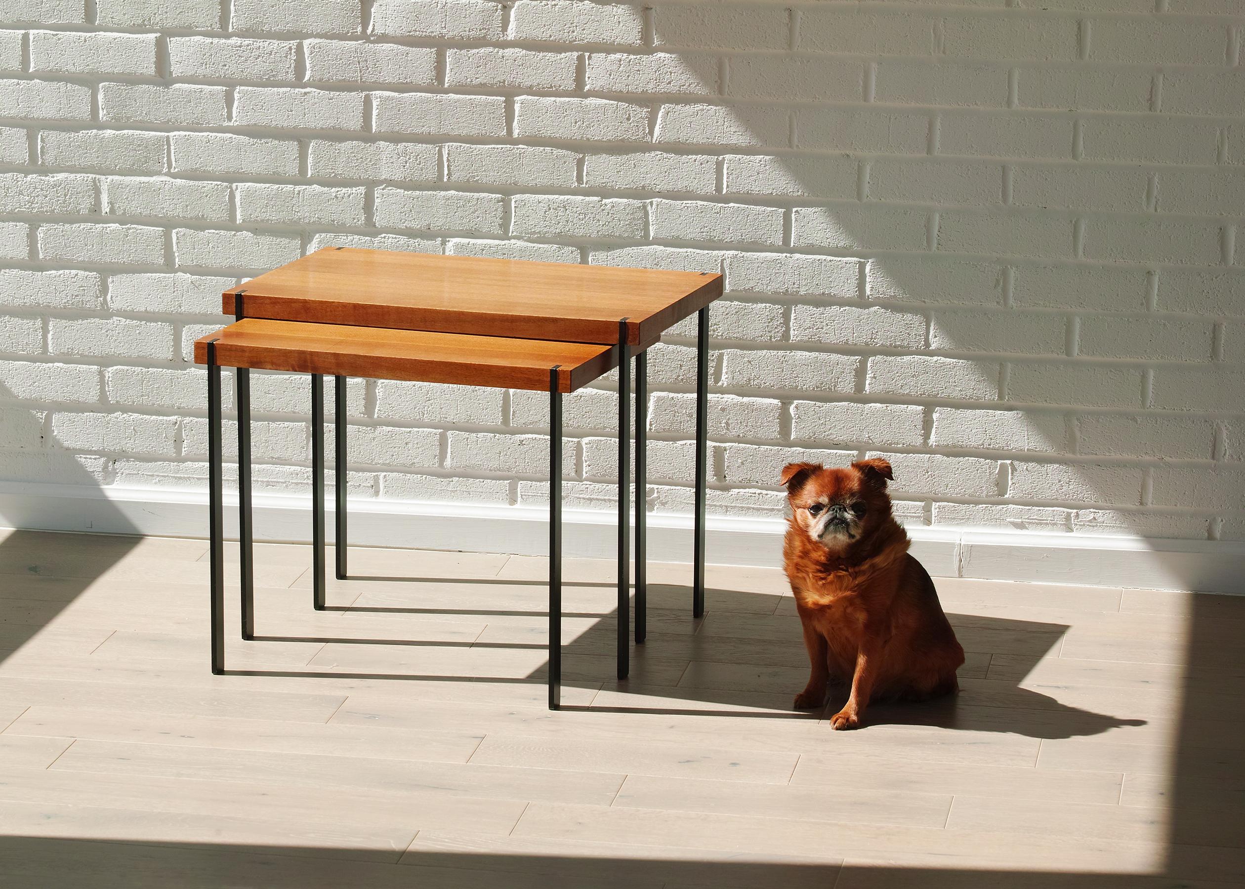 For your consideration is this handsome pair of modern nesting tables designed by German architect and designer, Eduard Ludwig, manufactured by Lotos-Werkkunst, circa 1950s. The tables have clean modern lines and fine detailing with their