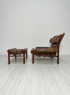 Fauteuil « Inca » et repose-pieds vintage en cuir des années 1970, créés par Arne Norell pour Möbel AB
