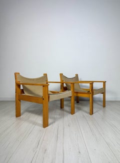Conjunto de dos sillones de pino y lona de los años 70, diseñado por Erik Wørts para IKEA