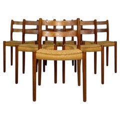 1960s Set of 6 Danish Teak and Papercord Dining Chairs 84 by Niels Møller