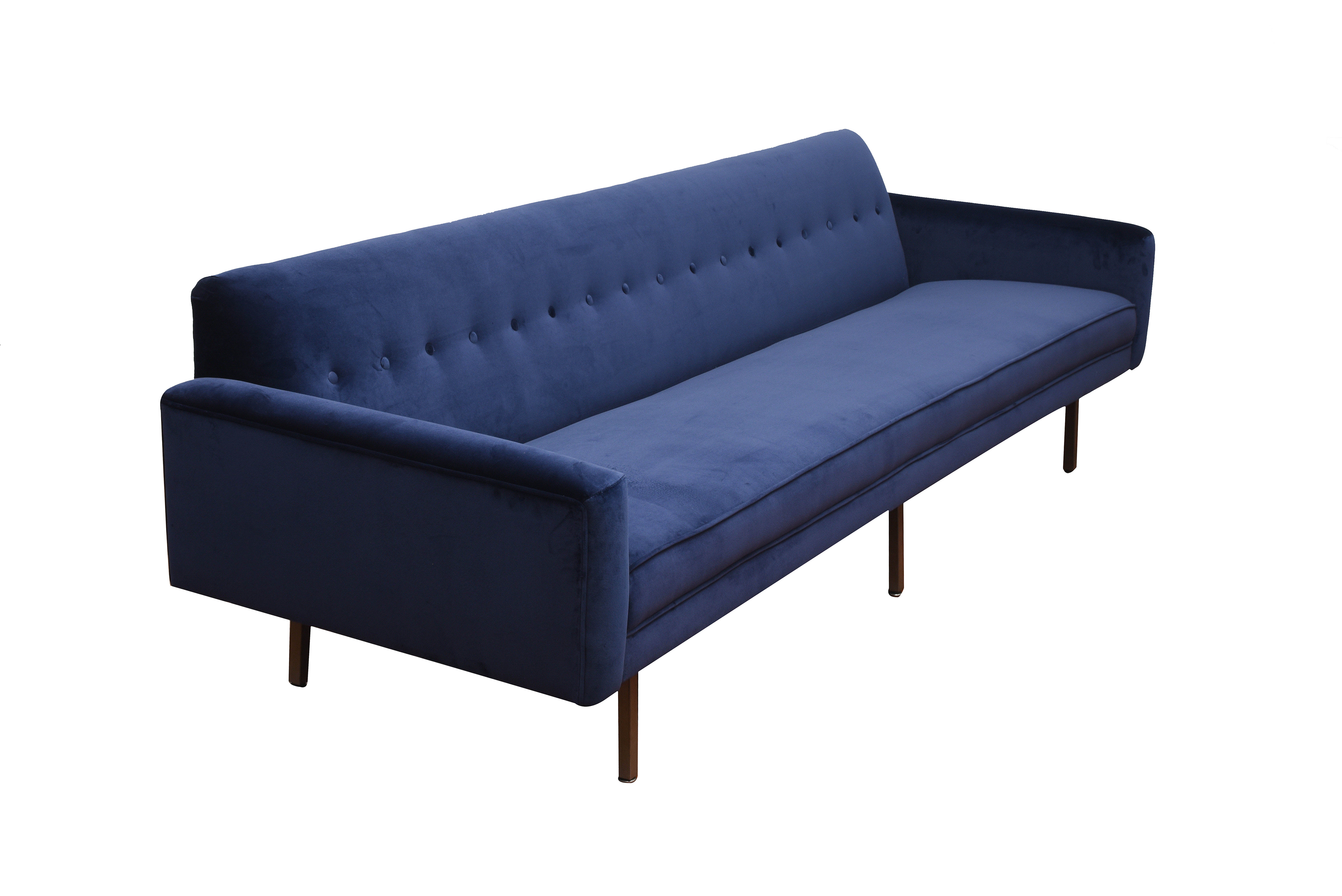 George Nelson, sofa produced by ICF in 1958.
Blue velvet sofa with metal feet.
Measures: Cm 243 x 77 x 70 H.