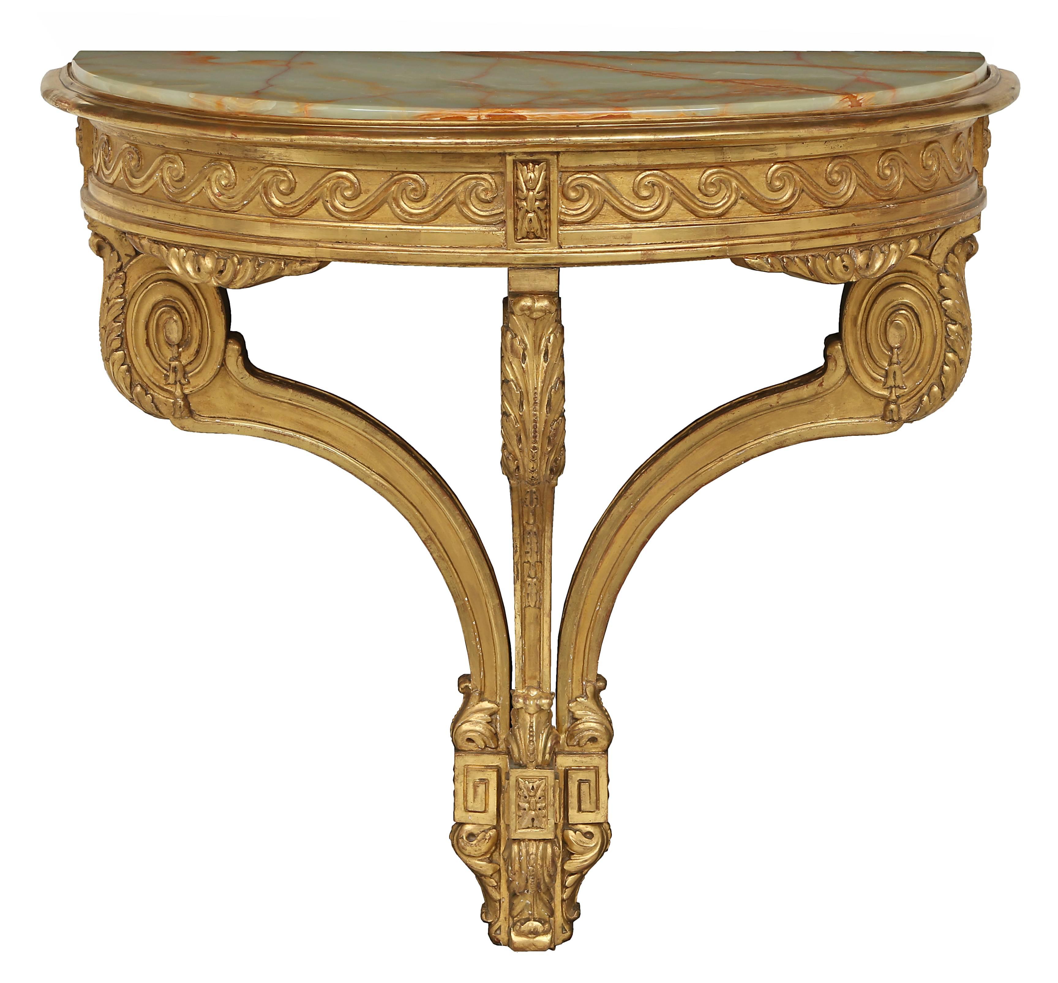 French 19th Century Louis XVI Style Giltwood Demilune Console with Onyx Top In Excellent Condition In West Palm Beach, FL