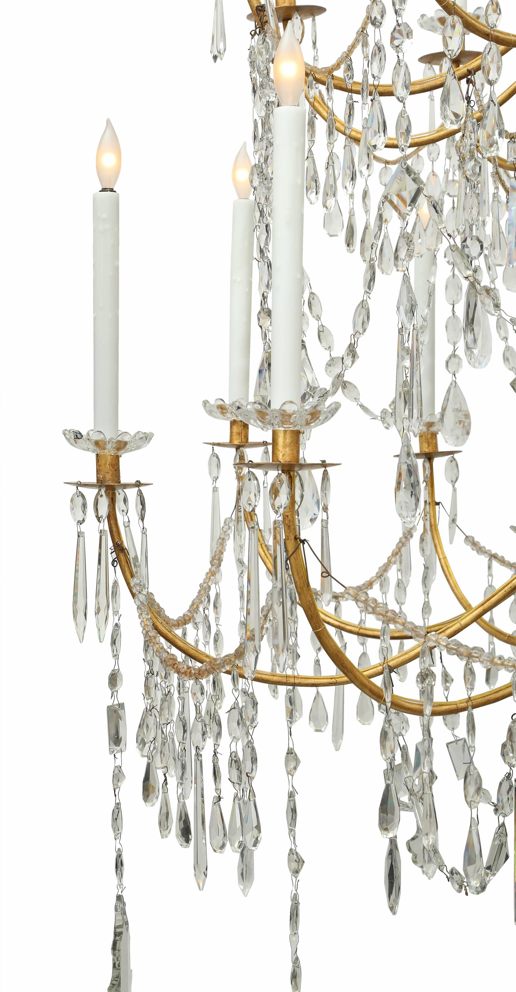Italian 18th Century Genovese Mecca, Gilt Iron, Crystal Two-Tier Chandelier 1