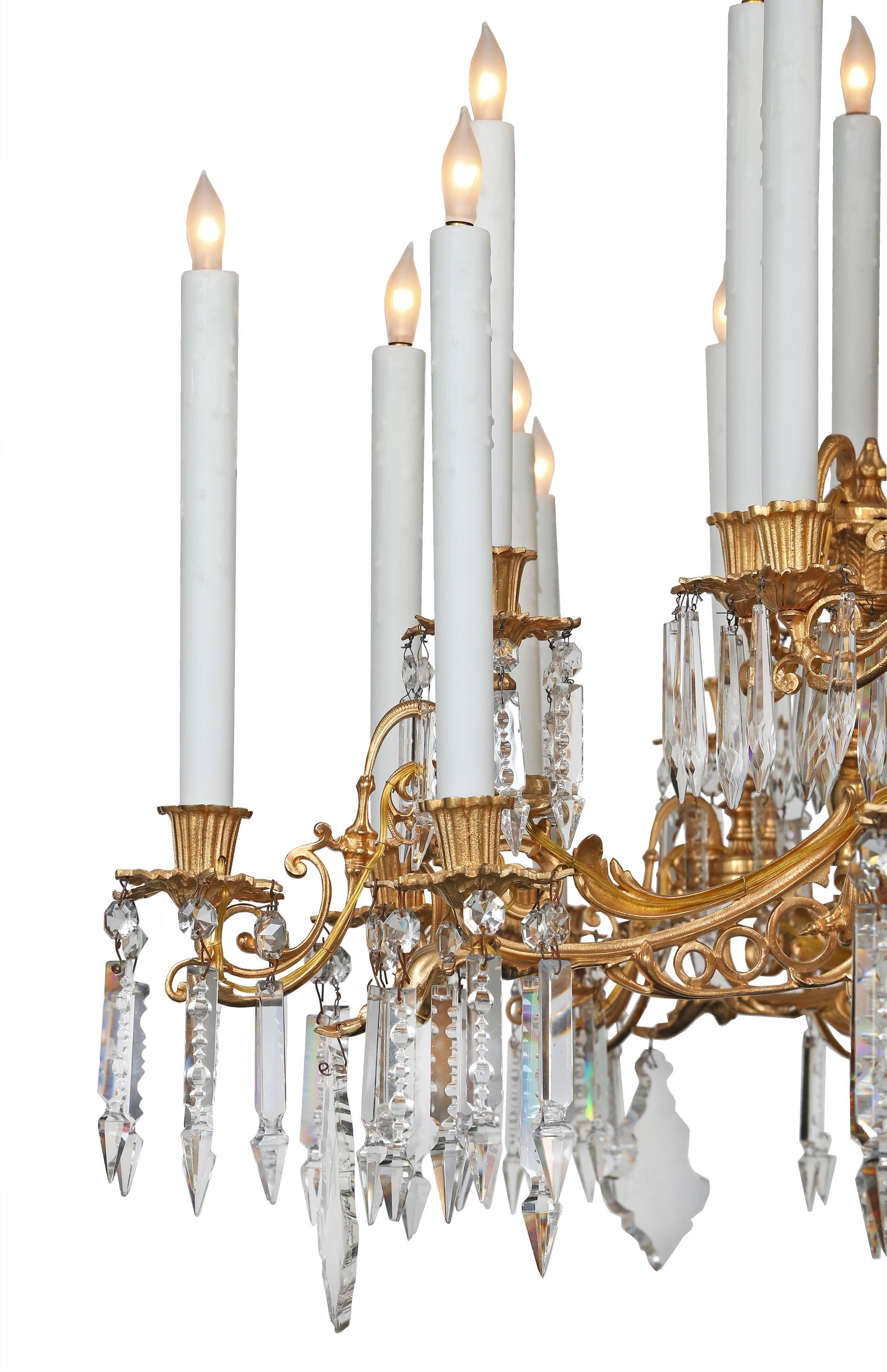 A sensational and large-scale French 19th century Renaissance style ormolu and Baccarat crystal thirty-seven-light chandelier. The chandelier is centered by a cut Baccarat crystal ball pendant below the exquisite and richly chased ormolu bowl with