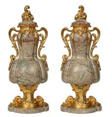 Pair of French 19th Century Louis XV St. Ormolu and Sarrancolin Marble Urns Pair of French 19th Century Louis XV St. Ormolu and Sarrancolin Marble Urns