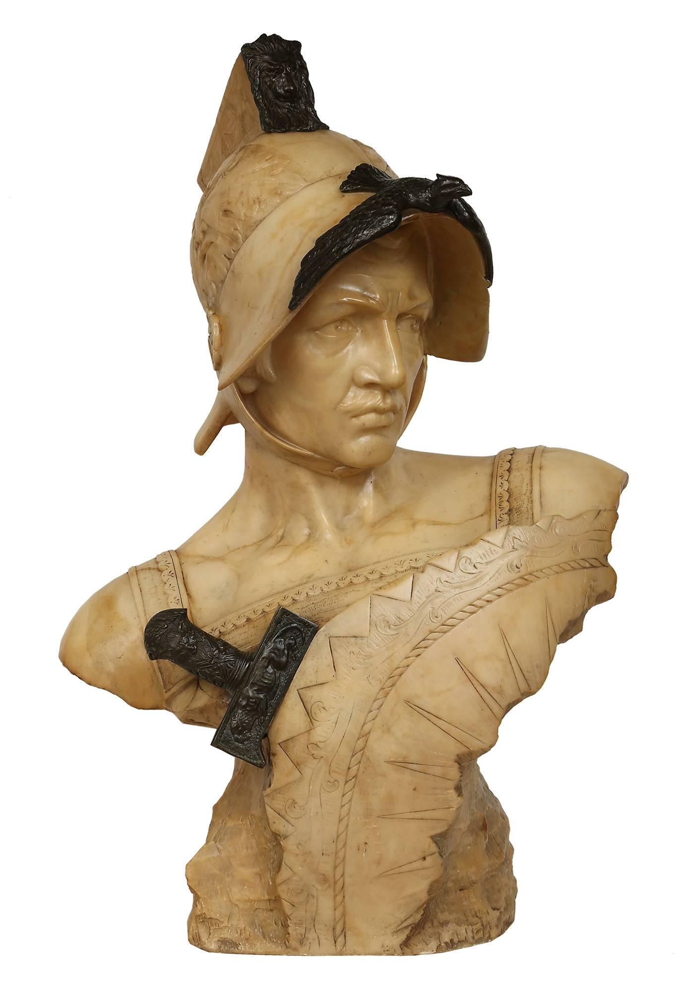 A sensational and extremely well executed Italian 19th century Carrara marble and bronze statue of a Roman soldier. The unique bust displays handsome raw chiseled sides and back while at the front is part of an impressive shield with carved details,