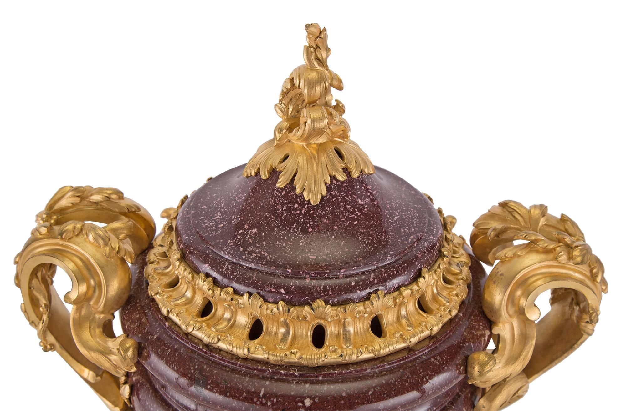 French 18th Century Louis XV Period Porphyry and Ormolu Lidded Urn 2