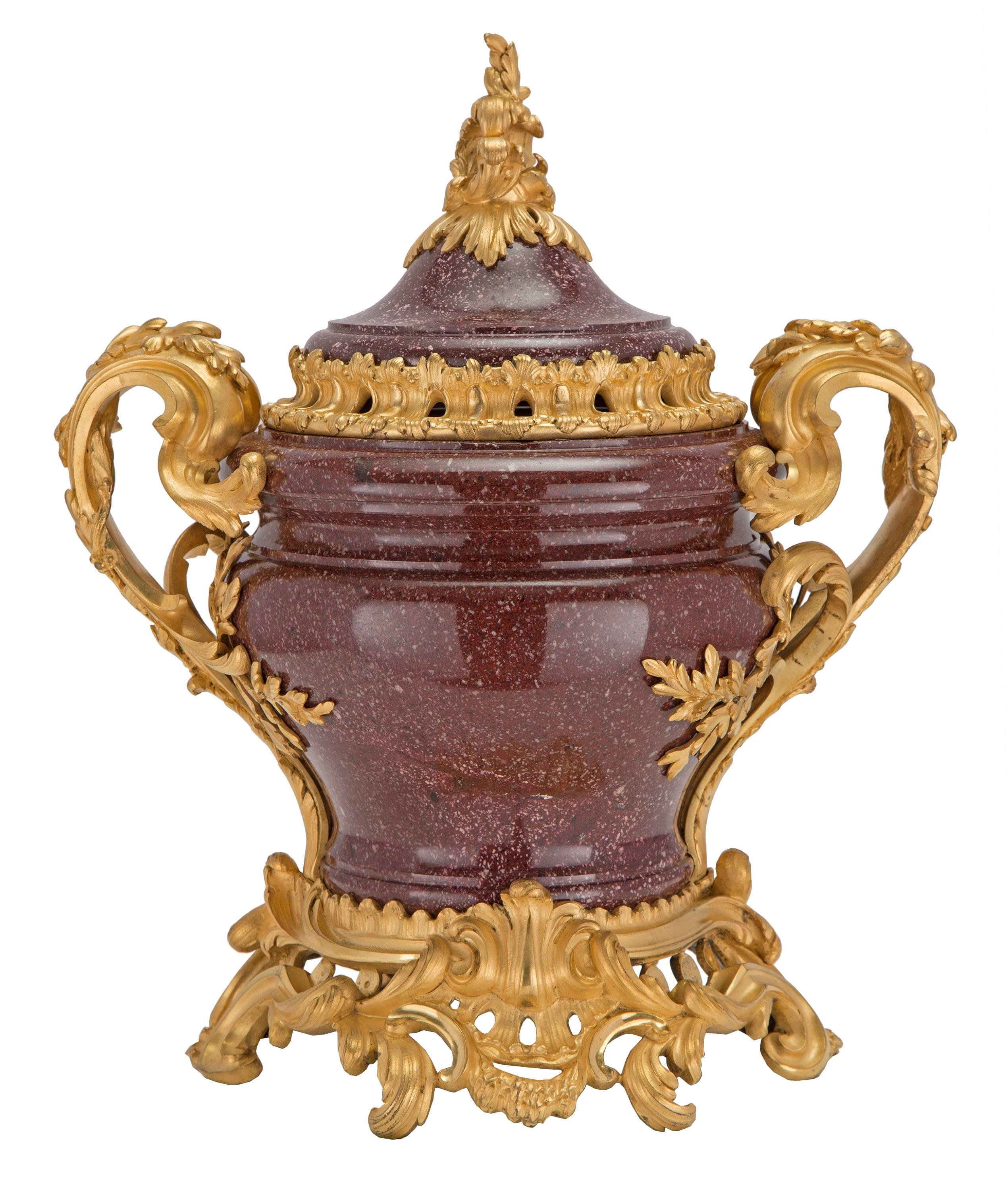 French 18th Century Louis XV Period Porphyry and Ormolu Lidded Urn In Excellent Condition In West Palm Beach, FL