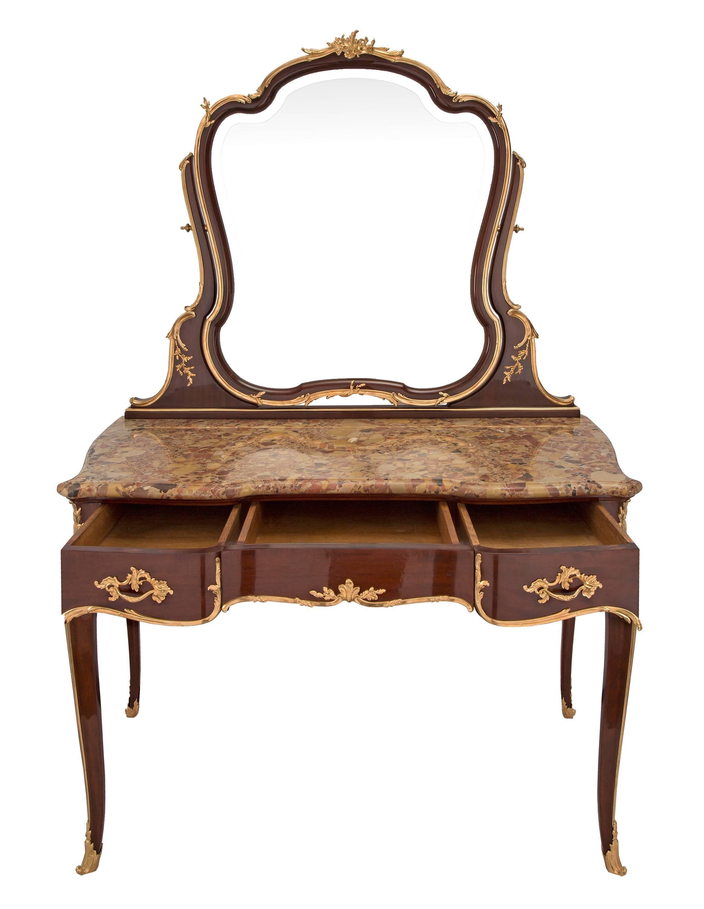 French 19th Century Louis XV Style Mahogany and Ormolu Vanity, Signed F. Linke In Excellent Condition In West Palm Beach, FL