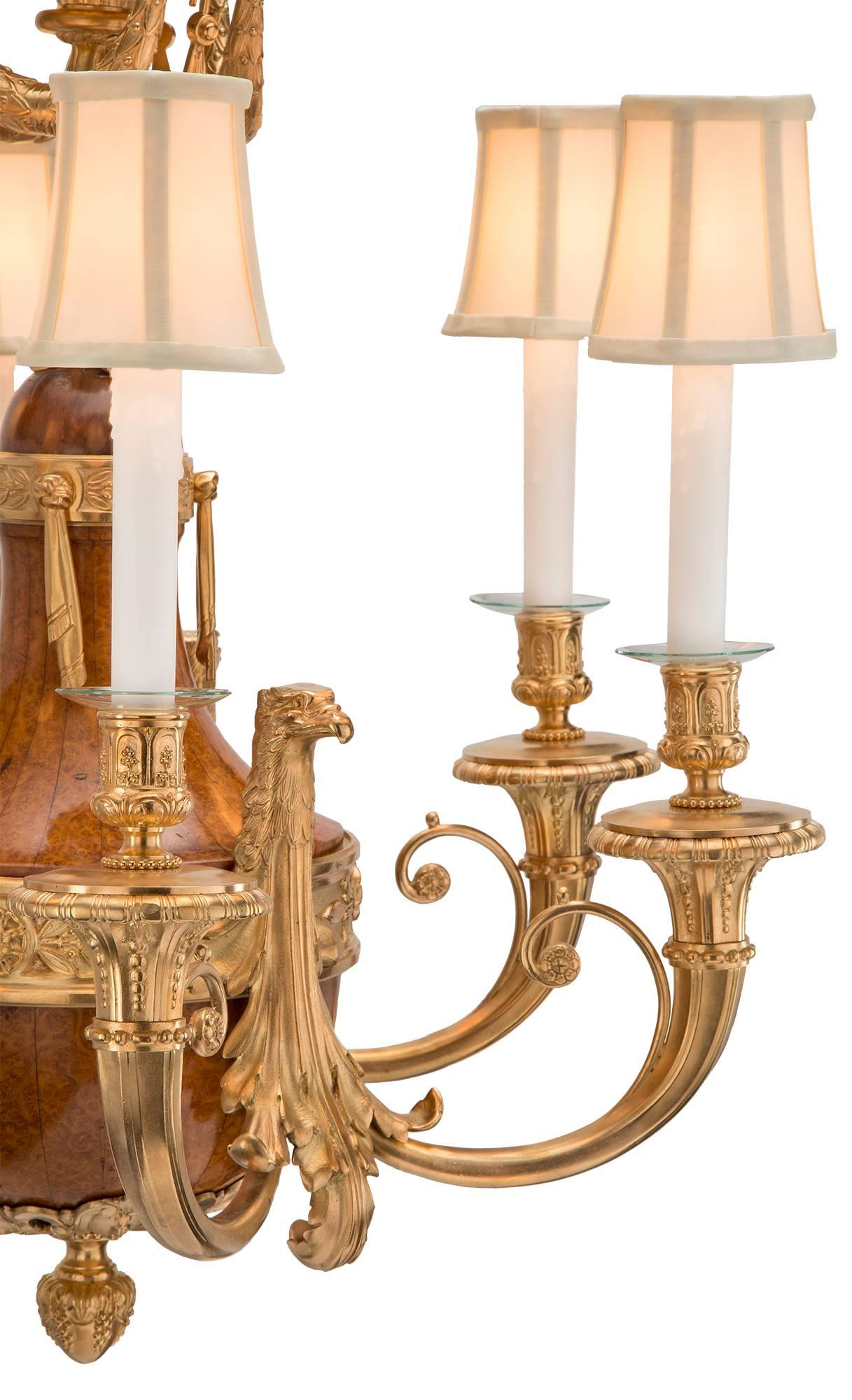 Neoclassical French 19th Century Neo-Classical St. Burl Walnut and Ormolu Chandelier