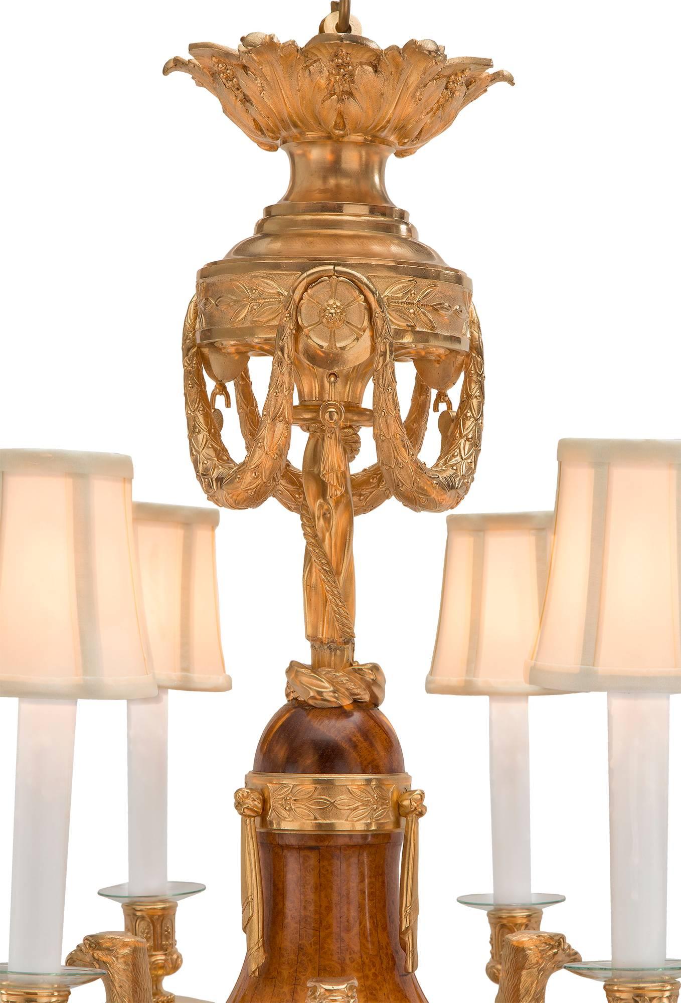 French 19th Century Neo-Classical St. Burl Walnut and Ormolu Chandelier In Excellent Condition In West Palm Beach, FL