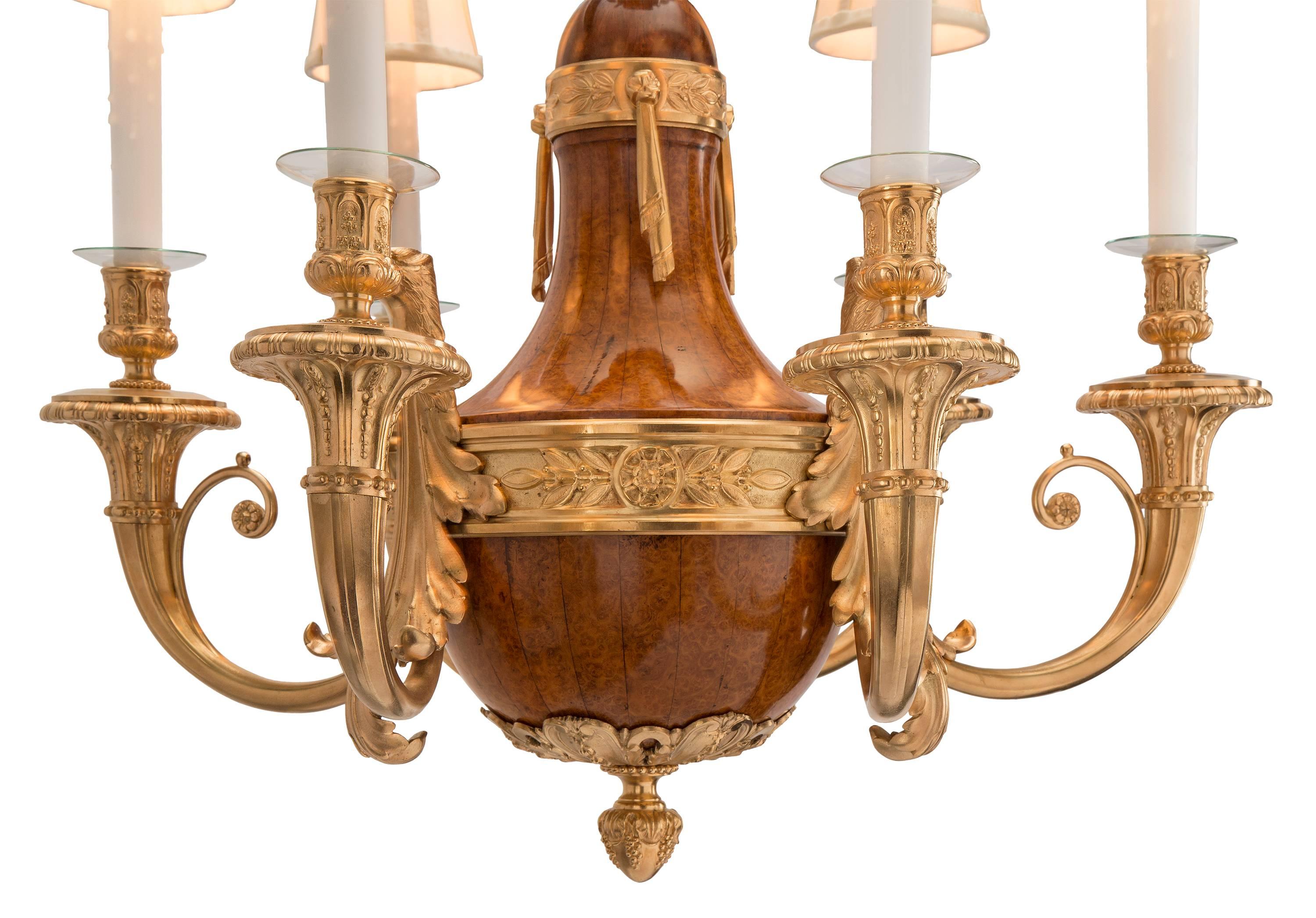 French 19th Century Neo-Classical St. Burl Walnut and Ormolu Chandelier 1