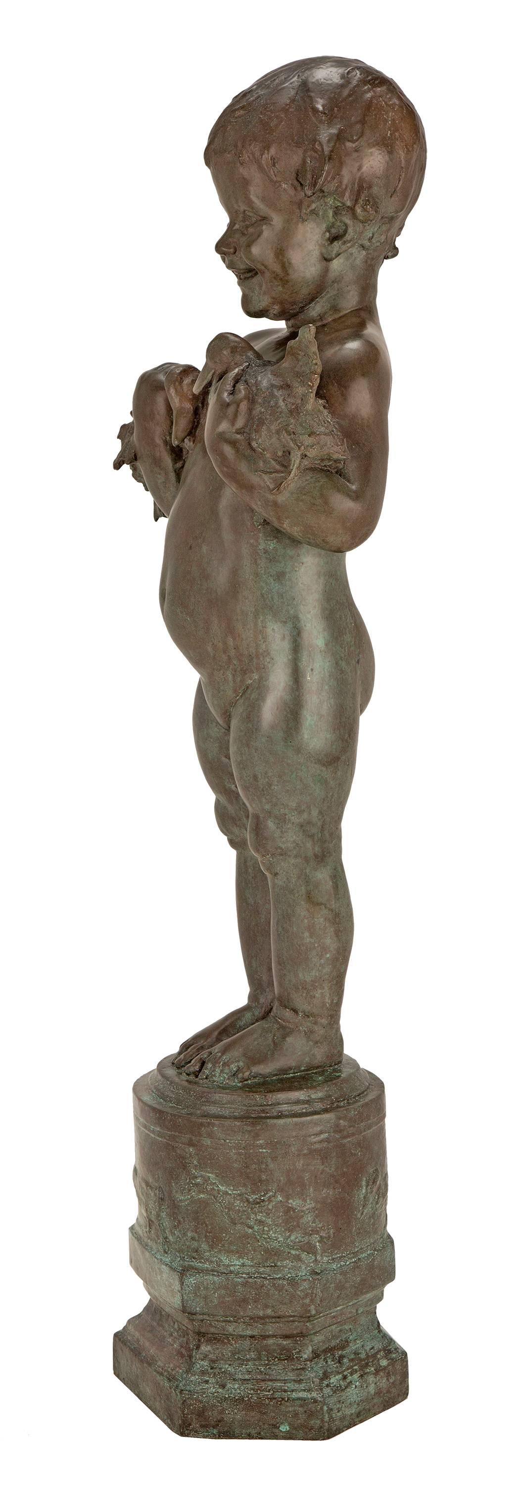 A sensational and most charming American turn of the century patinated bronze statue of 'Duck Baby', signed Edith Barretto Parsons EGF I C. The bronze is raised by a hexagonal mottled base where the adorable baby stands. The baby holds a duck in
