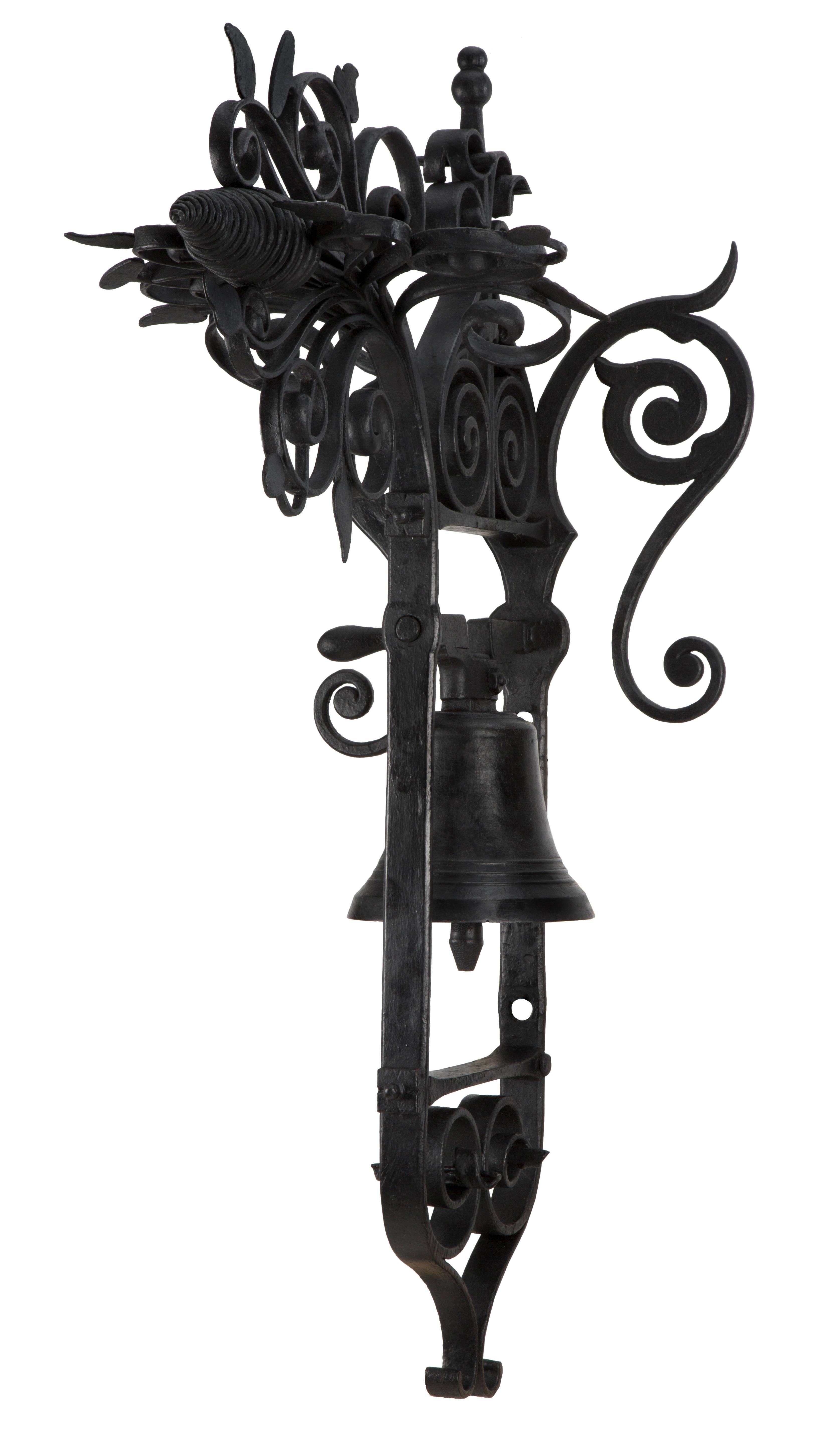 A unique and most decorative Italian 19th century wrought iron bell. The functioning bell is centred by an impressive hand beaten frame. Below and above are incredible and wonferfully executed scrolled patterns while the top displays a foliate and