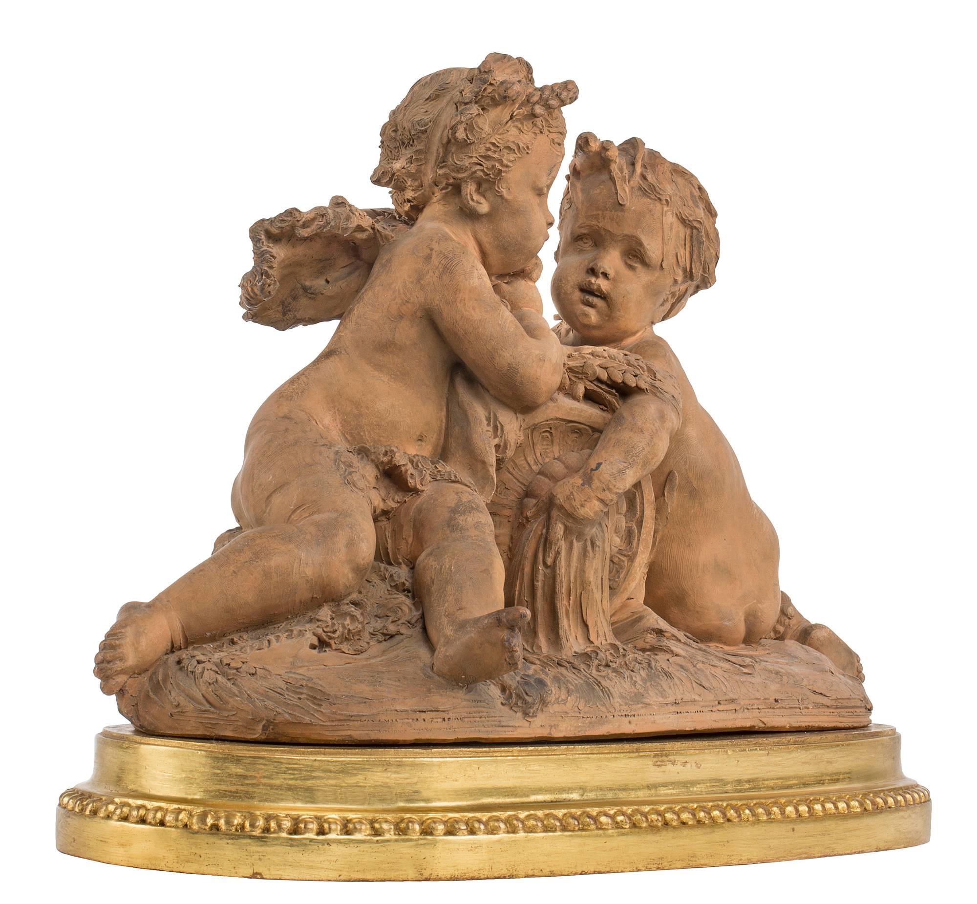 A high quality French 19th century Louis XVI style terra cotta grouping of putti signed A. Carrier 1864. The charming statuary is raised by an oblong giltwood base following the contour, displaying a stepped design with a fine beaded band. The terra