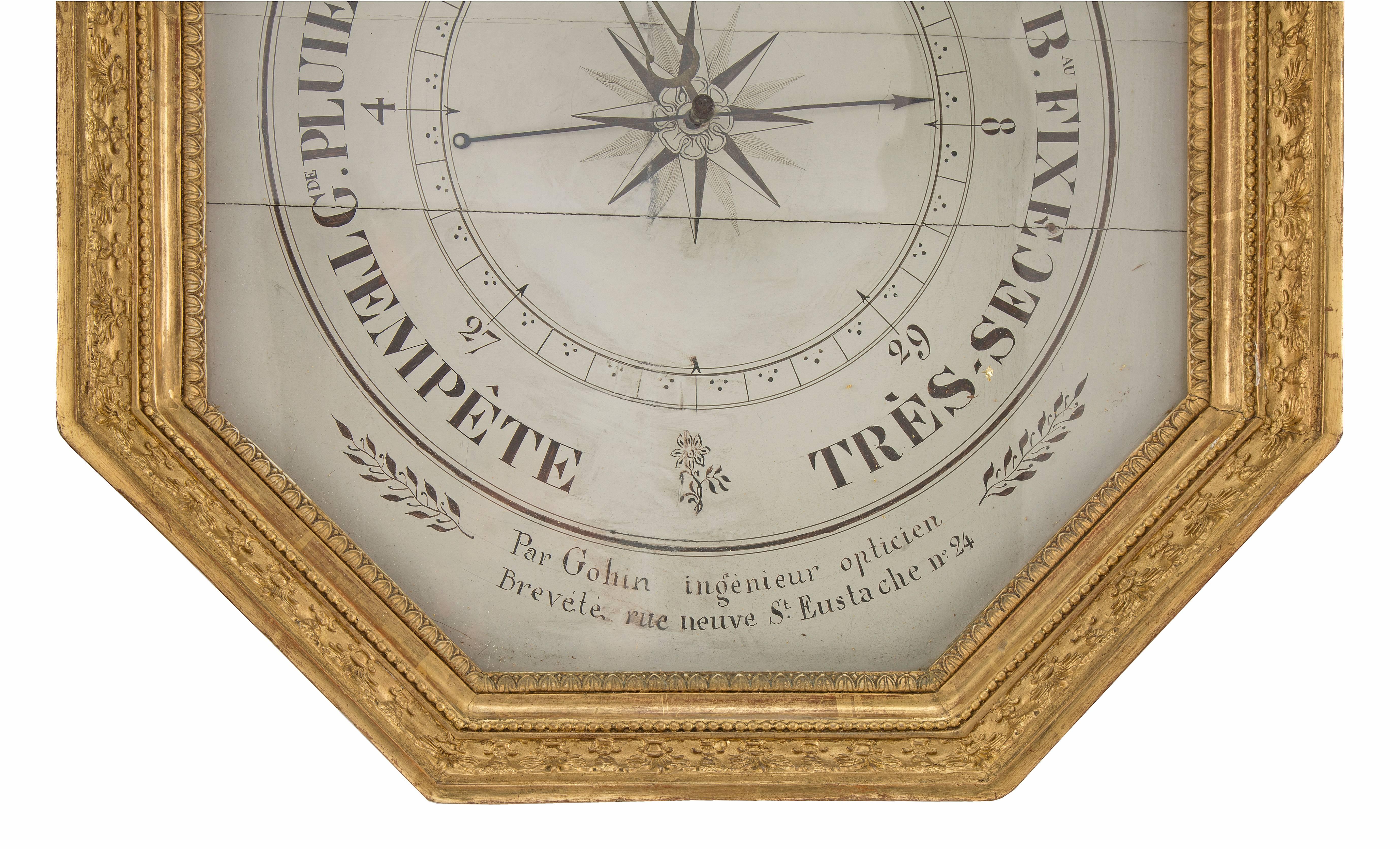 18th Century and Earlier French 18th Century Louis XVI Period Giltwood Barometer Signed Gohin