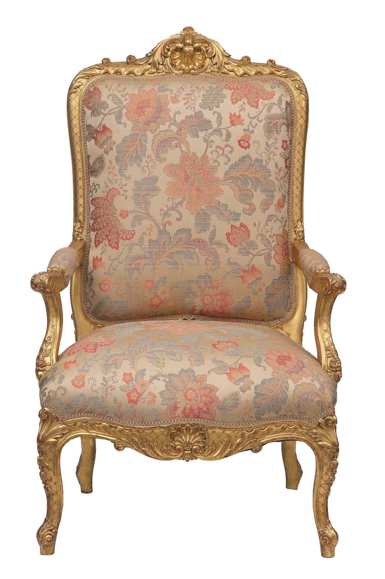 Set of Four French 19th Century Louis XV St. Giltwood High Back Armchairs 4
